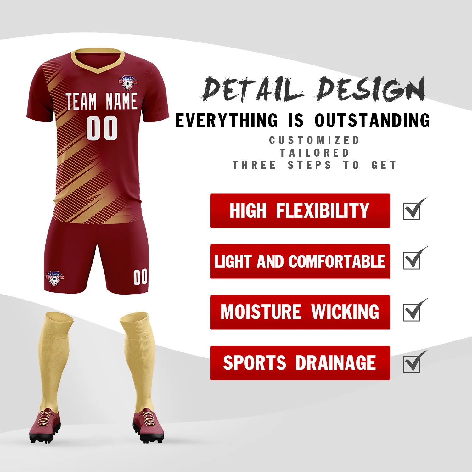 Custom Crimson Khaki Casual Printing Sportswear Soccer Sets Jersey