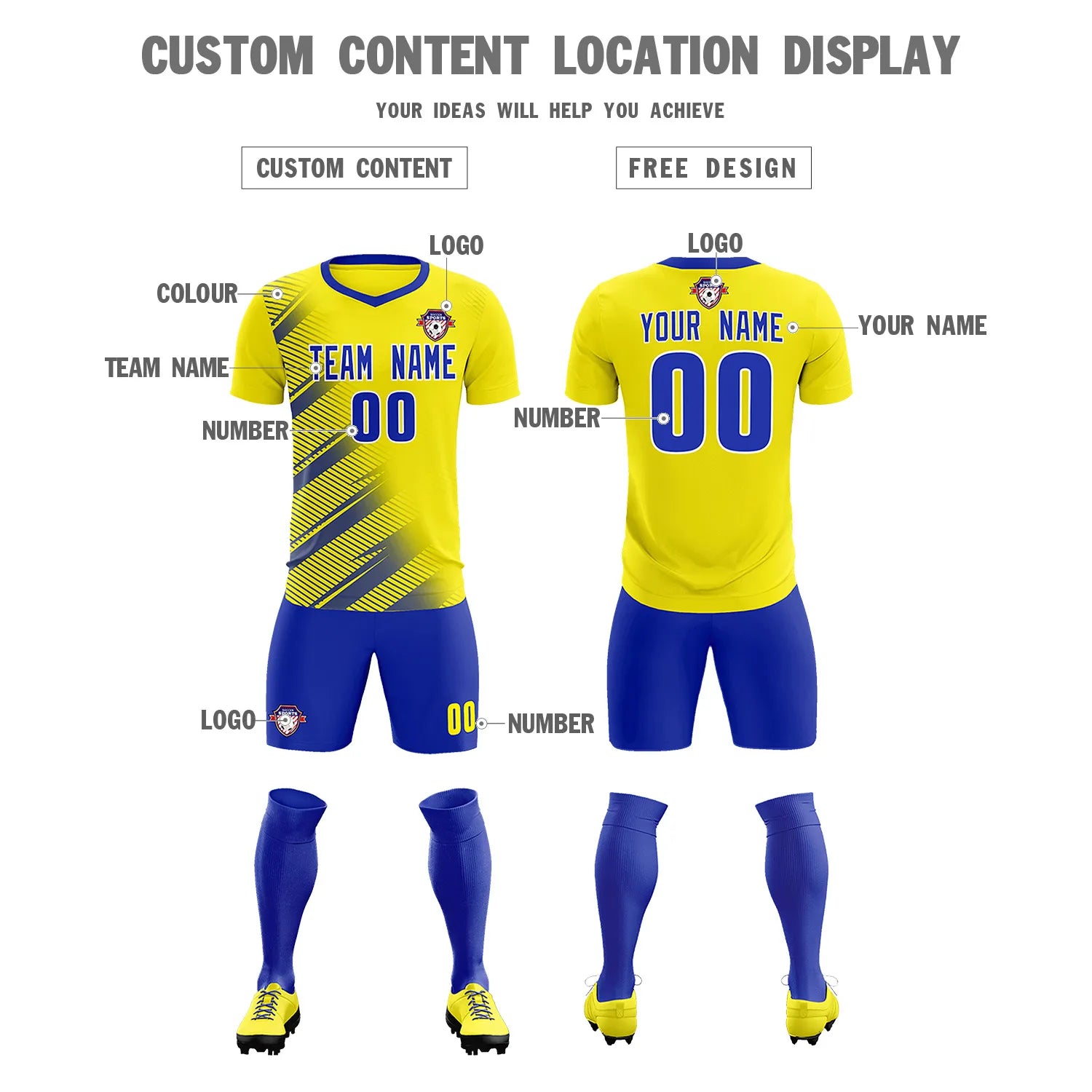 Custom Gold01 Royal Blue Casual Printing Sportswear Soccer Sets Jersey