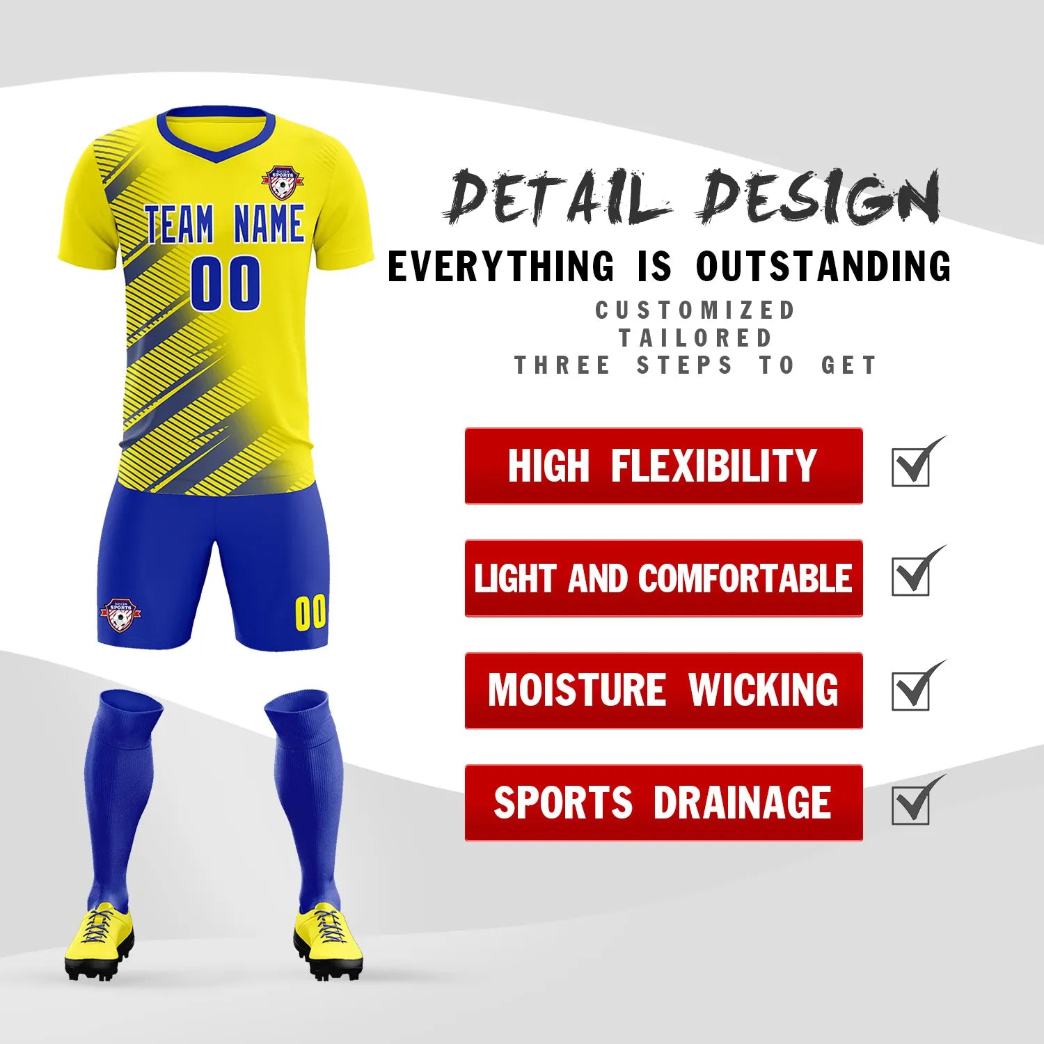 Custom Gold01 Royal Blue Casual Printing Sportswear Soccer Sets Jersey