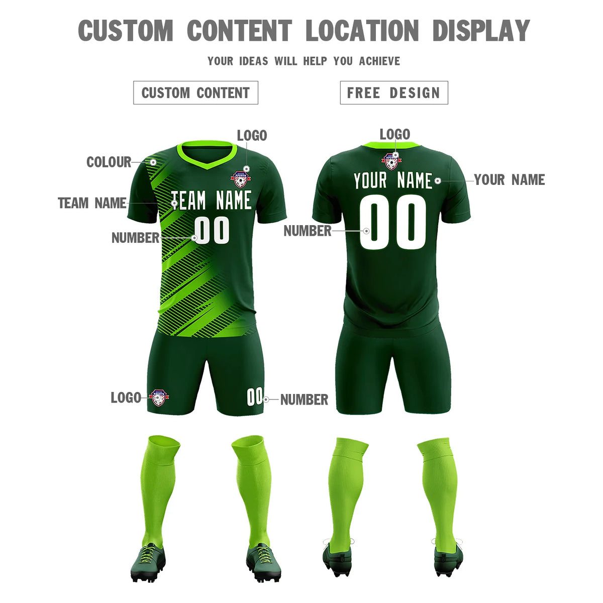 Custom Green Neon Green Casual Printing Sportswear Soccer Sets Jersey