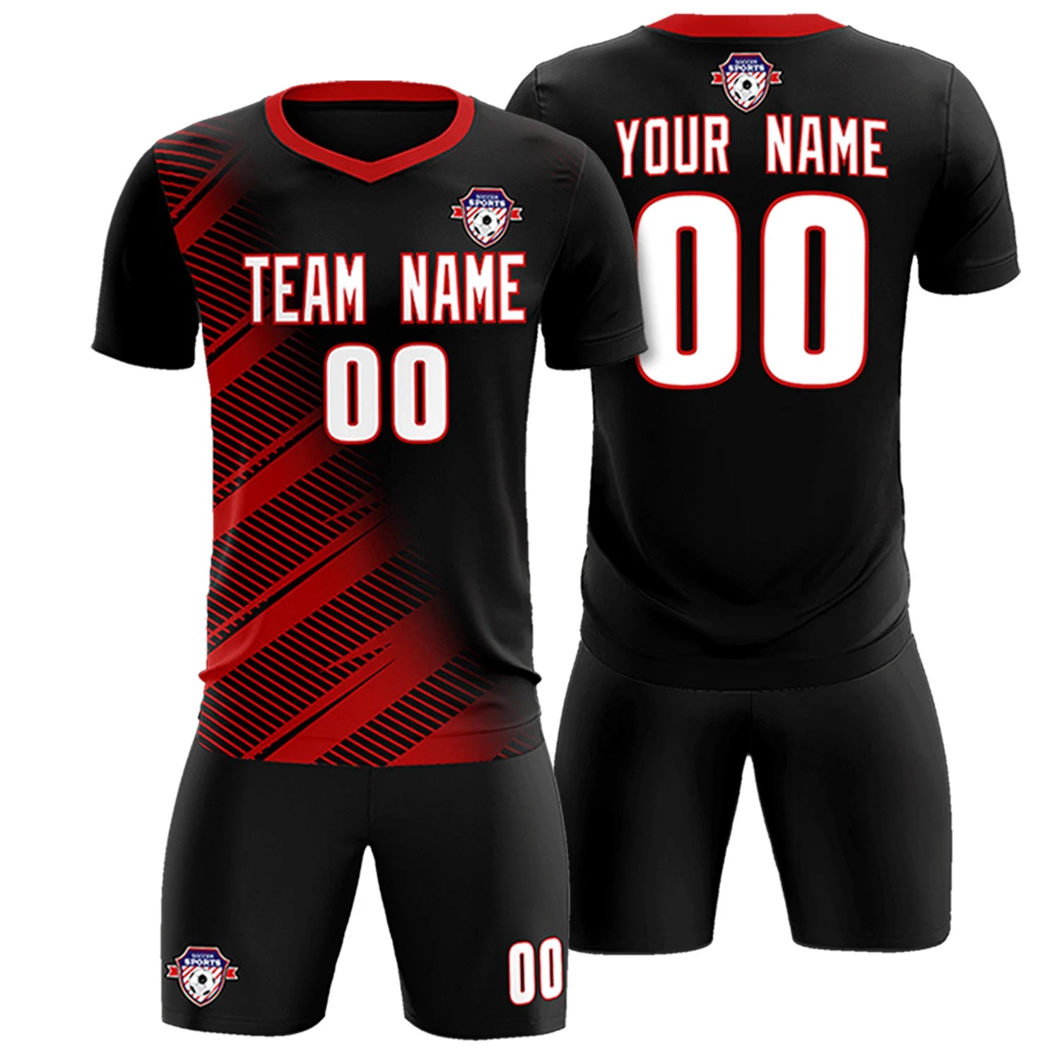 Custom Black Red Casual Printing Sportswear Soccer Sets Jersey