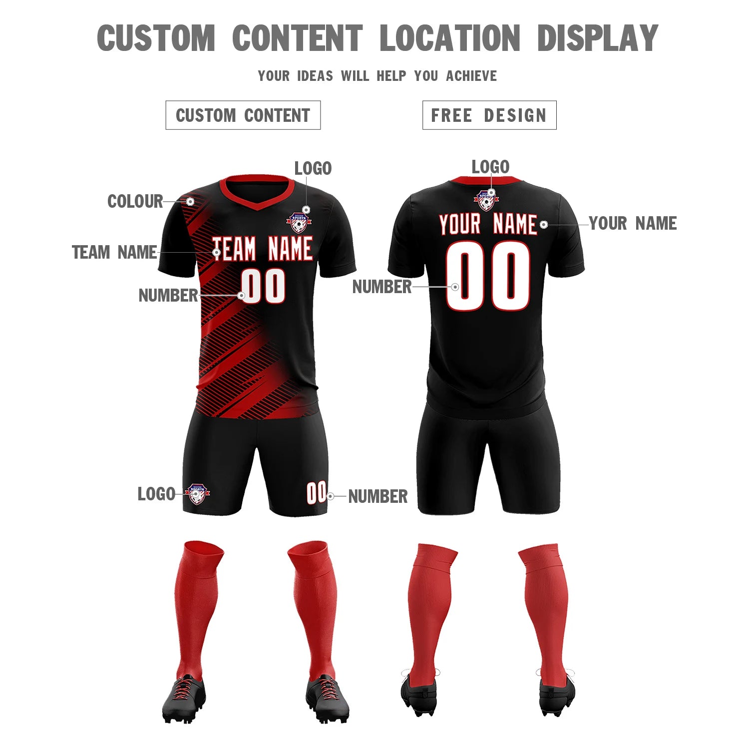 Custom Black Red Casual Printing Sportswear Soccer Sets Jersey