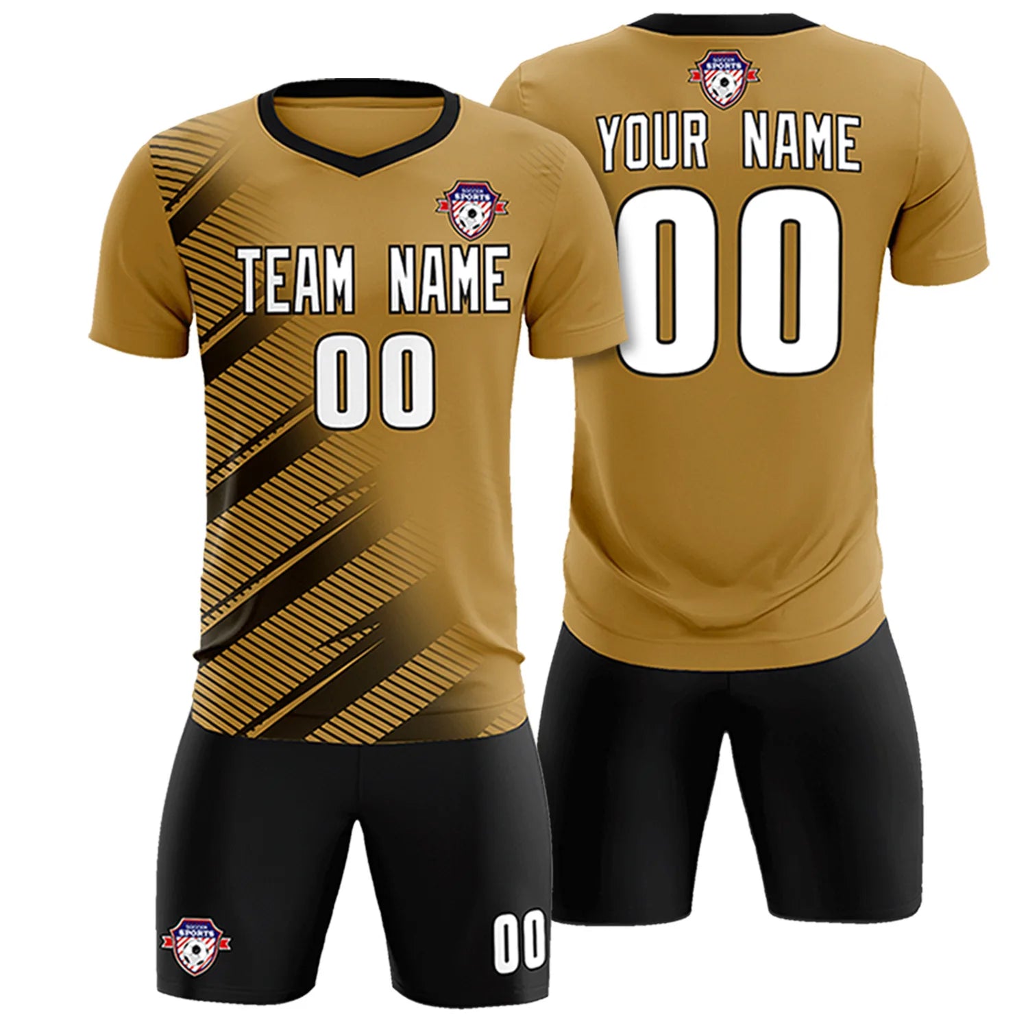 Custom Old Gold Black Casual Printing Sportswear Soccer Sets Jersey