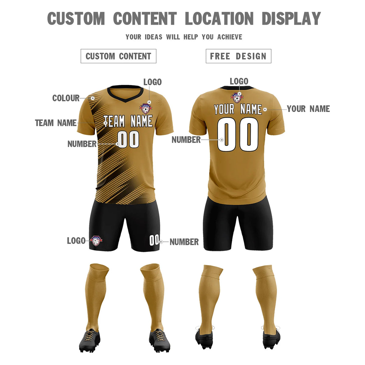 Custom Old Gold Black Casual Printing Sportswear Soccer Sets Jersey