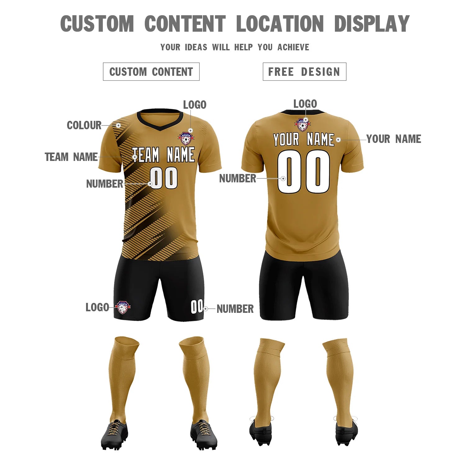 Custom Old Gold Black Casual Printing Sportswear Soccer Sets Jersey
