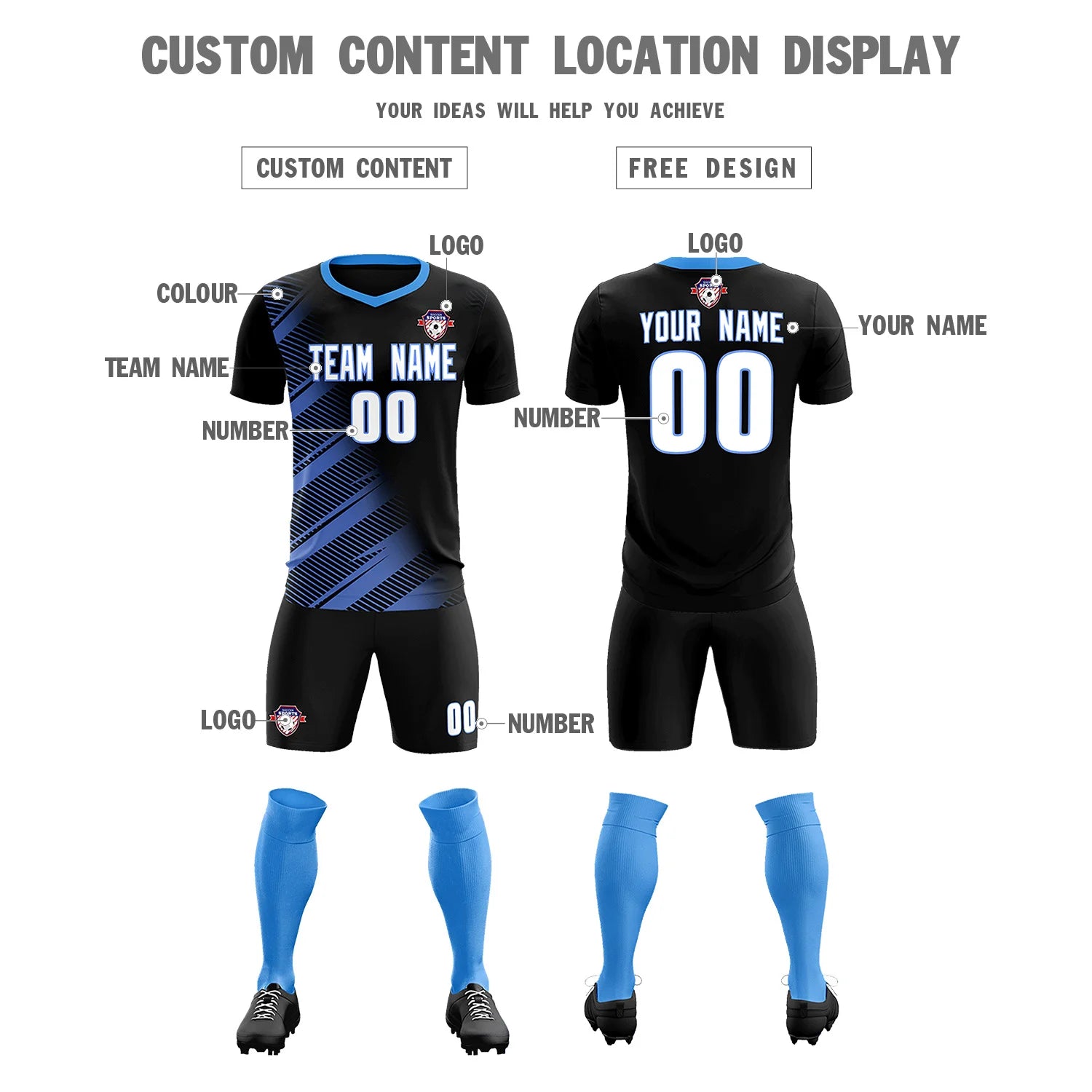 Custom Black Light Blue Casual Printing Sportswear Soccer Sets Jersey