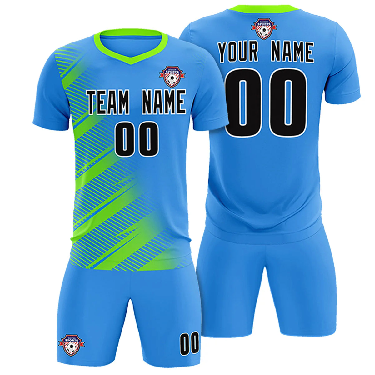 Custom Powder Blue Neon Green Casual Printing Sportswear Soccer Sets Jersey
