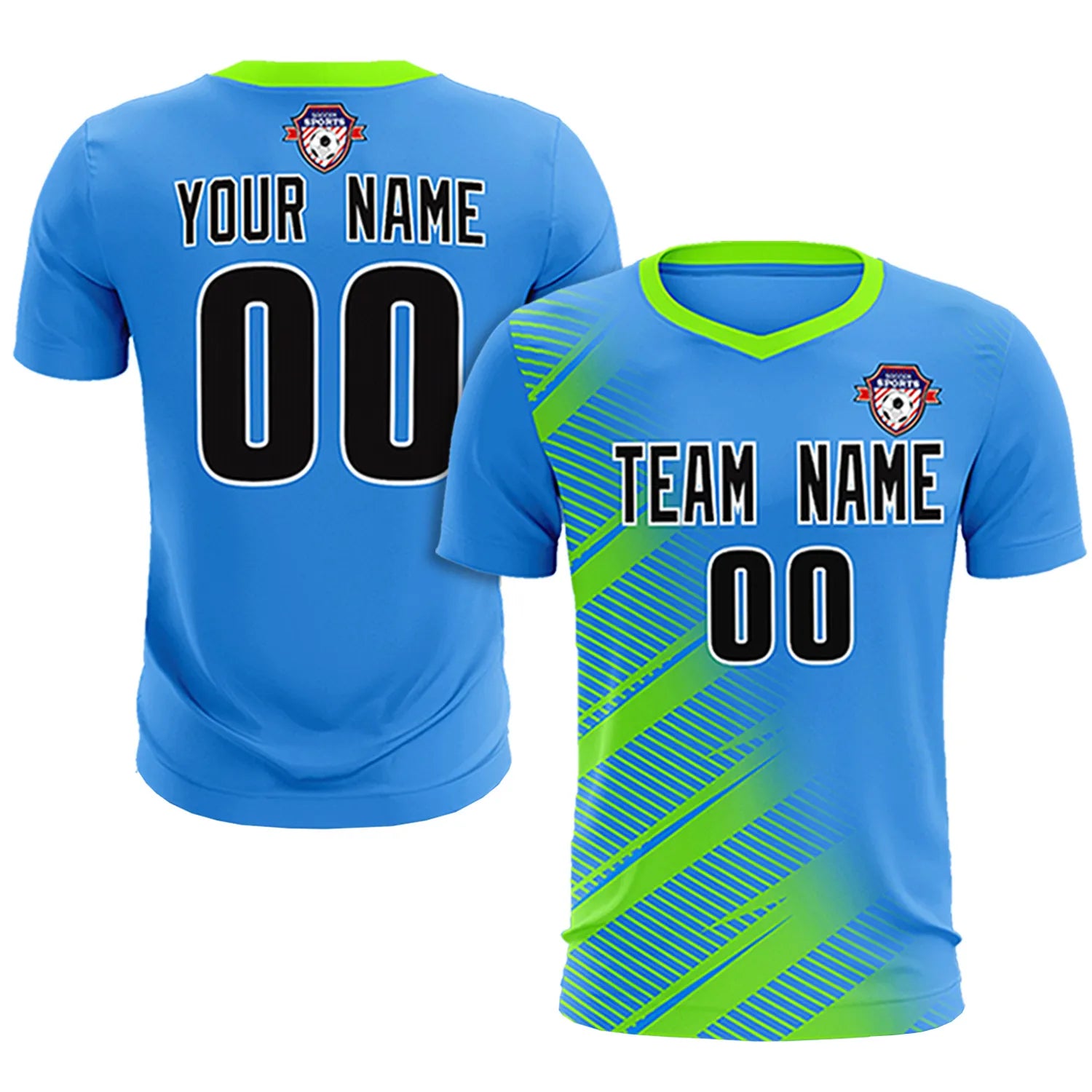 Custom Powder Blue Neon Green Casual Printing Sportswear Soccer Sets Jersey