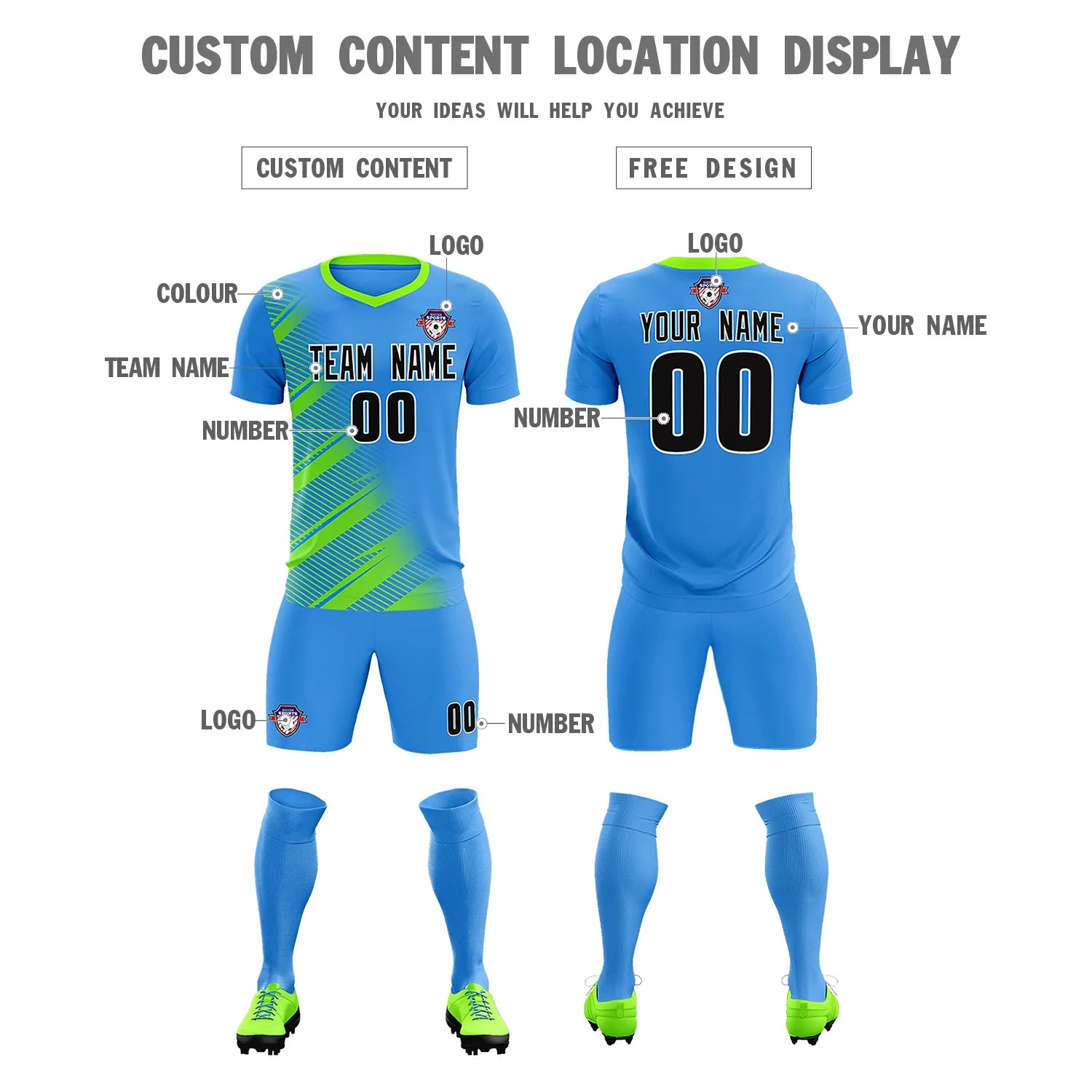 Custom Powder Blue Neon Green Casual Printing Sportswear Soccer Sets Jersey