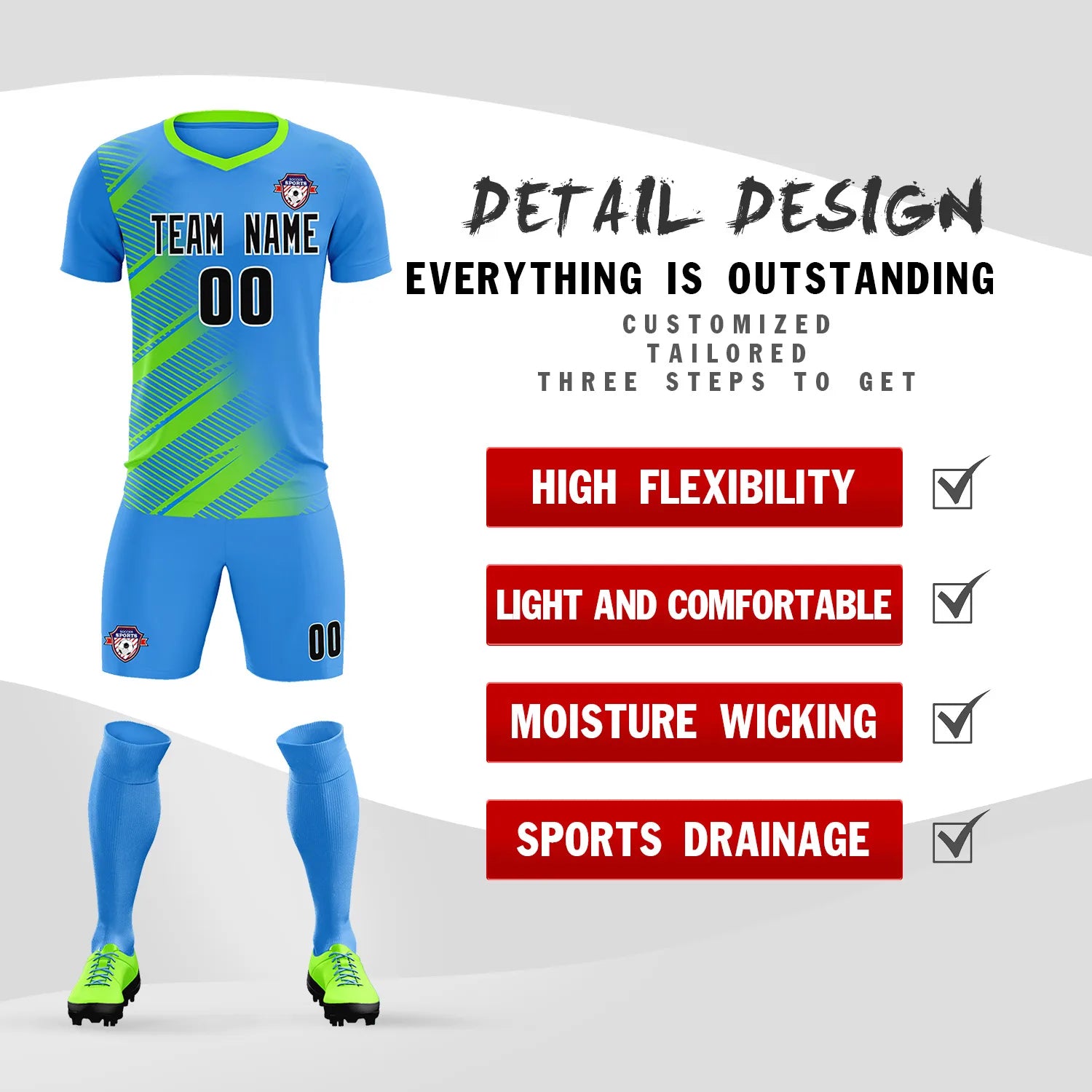 Custom Powder Blue Neon Green Casual Printing Sportswear Soccer Sets Jersey