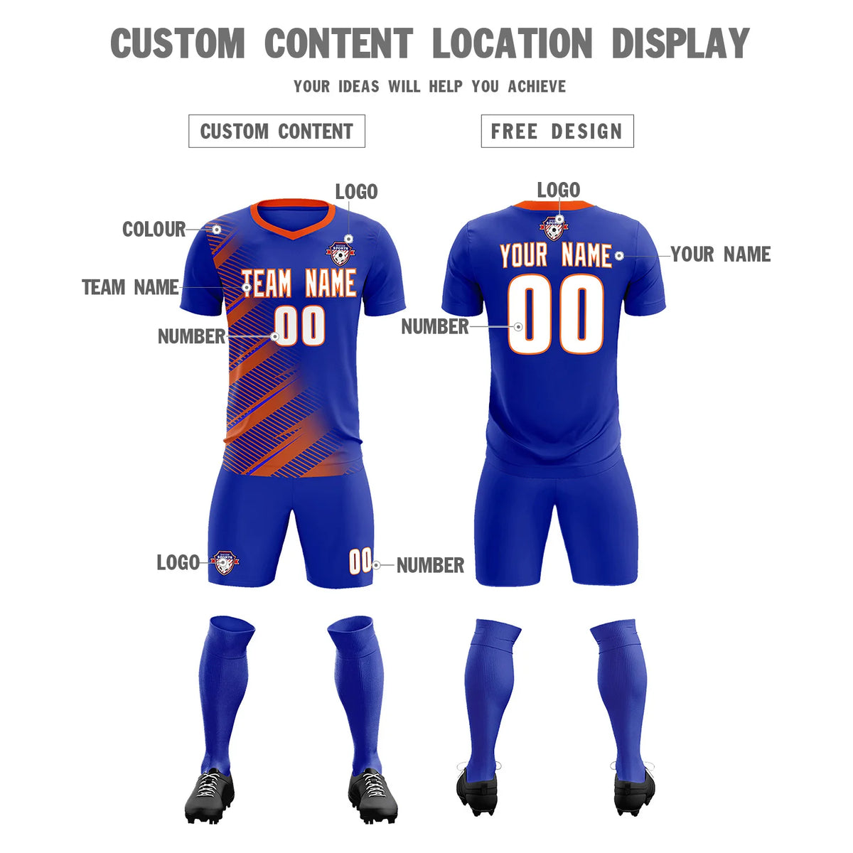Custom Royal Blue Orange Casual Printing Sportswear Soccer Sets Jersey