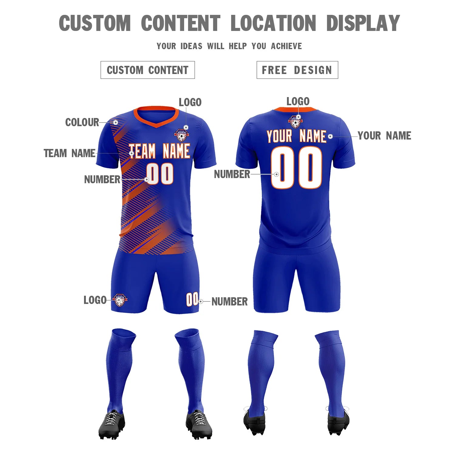 Custom Royal Blue Orange Casual Printing Sportswear Soccer Sets Jersey