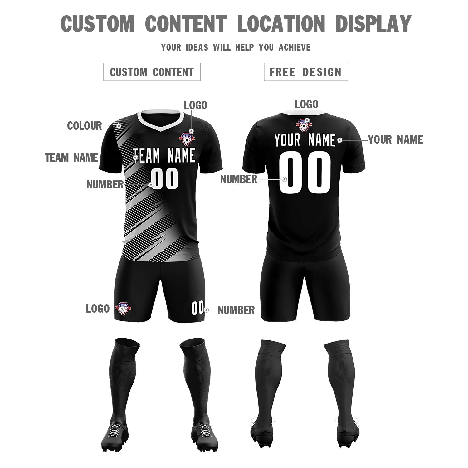 Custom Black White Casual Printing Sportswear Soccer Sets Jersey