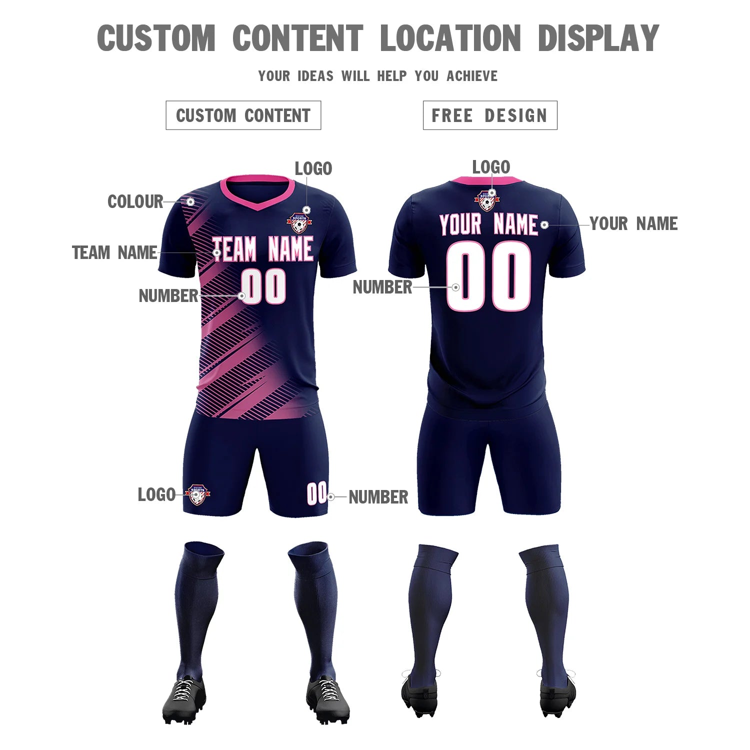 Custom Navy Pink Casual Printing Sportswear Soccer Sets Jersey