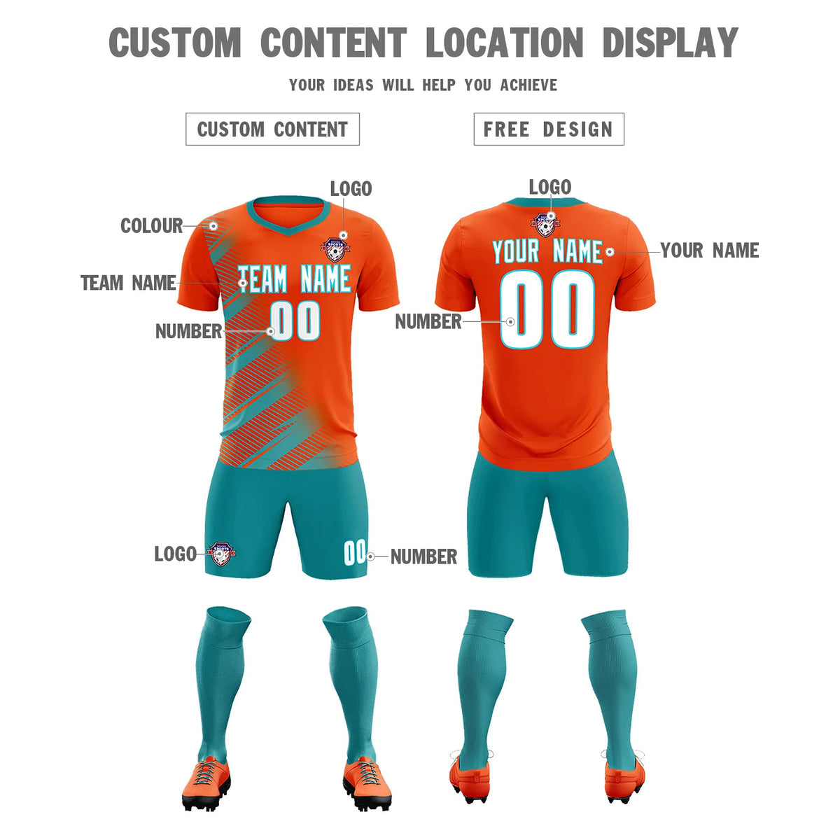 Custom Orange Aqua Casual Printing Sportswear Soccer Sets Jersey