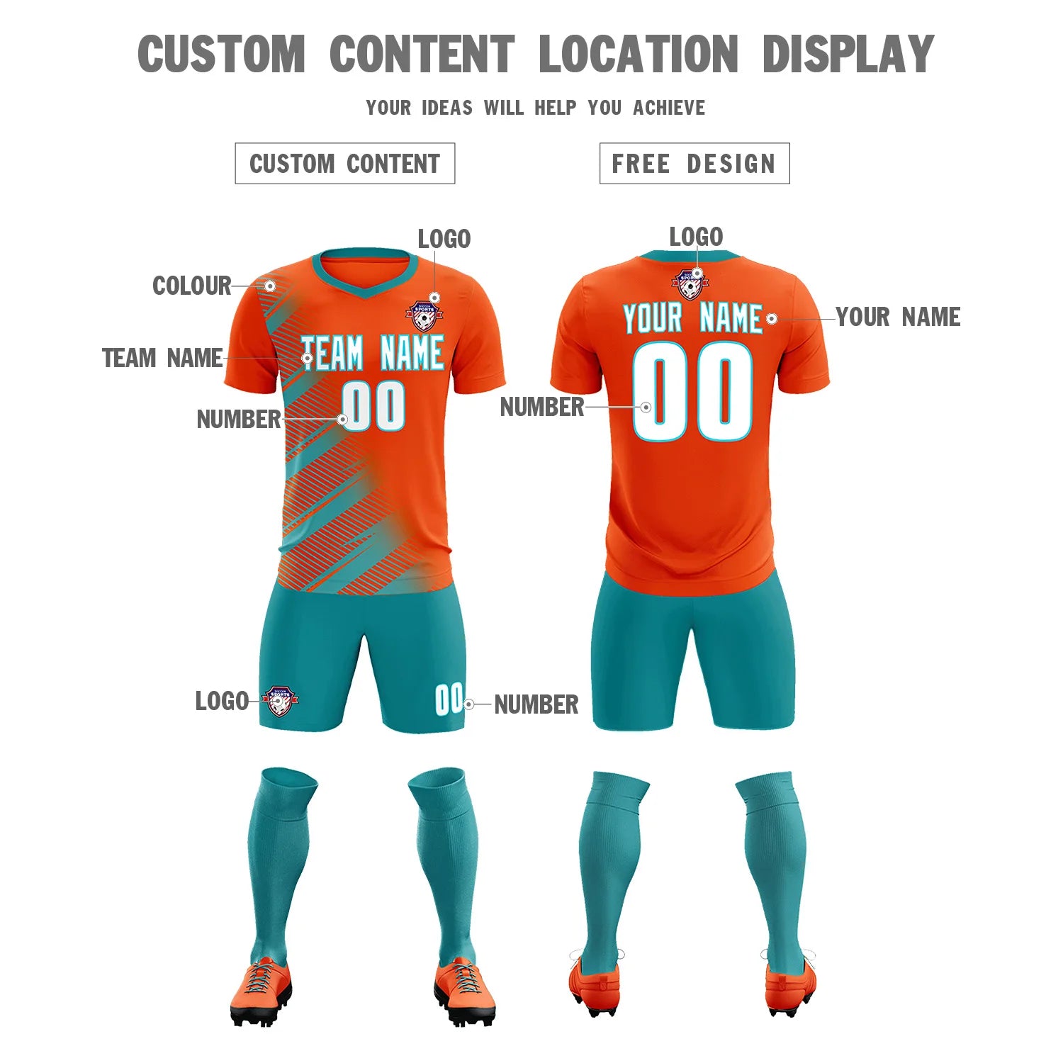 Custom Orange Aqua Casual Printing Sportswear Soccer Sets Jersey