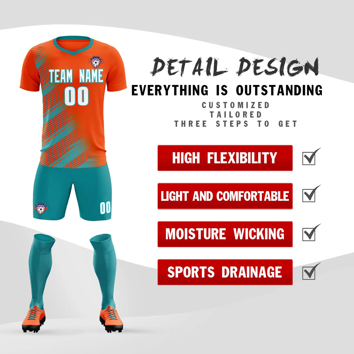 Custom Orange Aqua Casual Printing Sportswear Soccer Sets Jersey