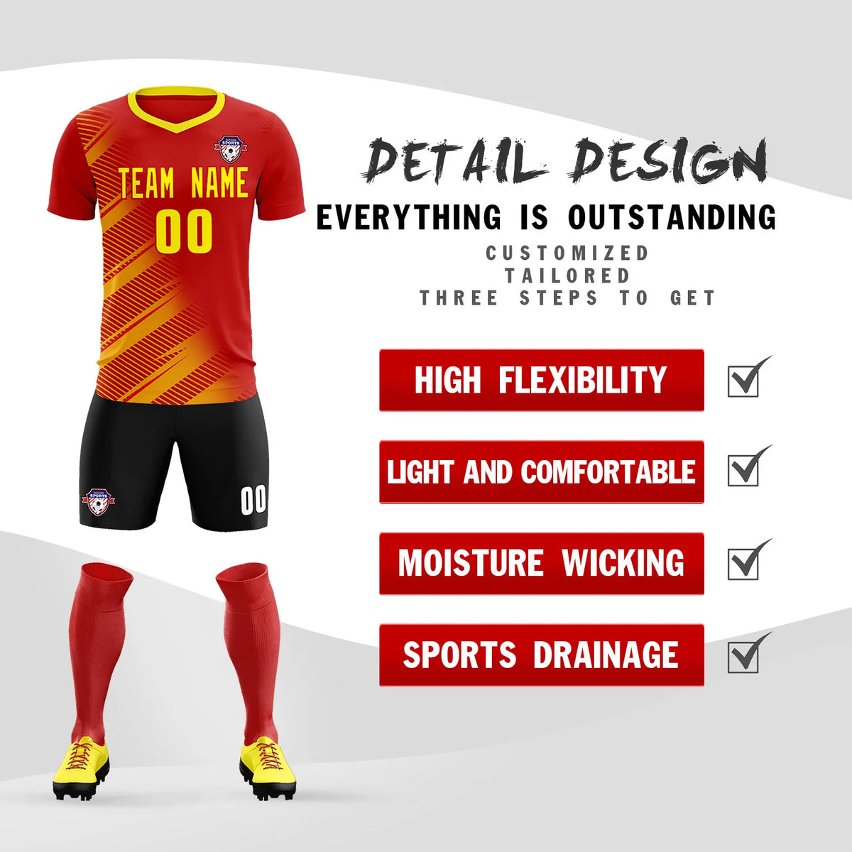 Custom Red Gold01 Casual Printing Sportswear Soccer Sets Jersey