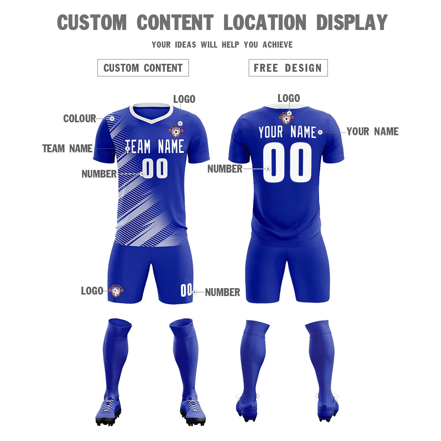 Custom Royal Blue White Casual Printing Sportswear Soccer Sets Jersey
