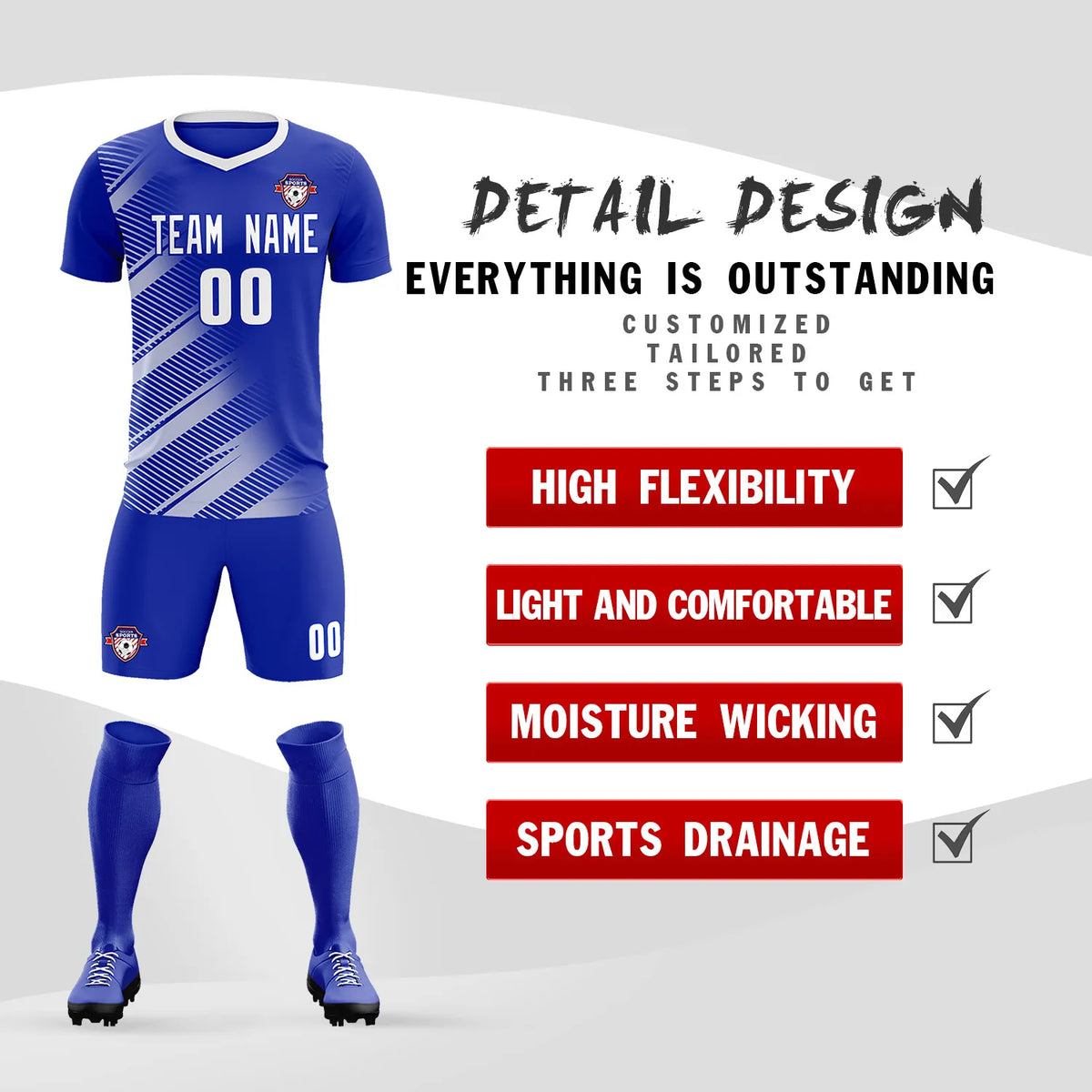 Custom Royal Blue White Casual Printing Sportswear Soccer Sets Jersey