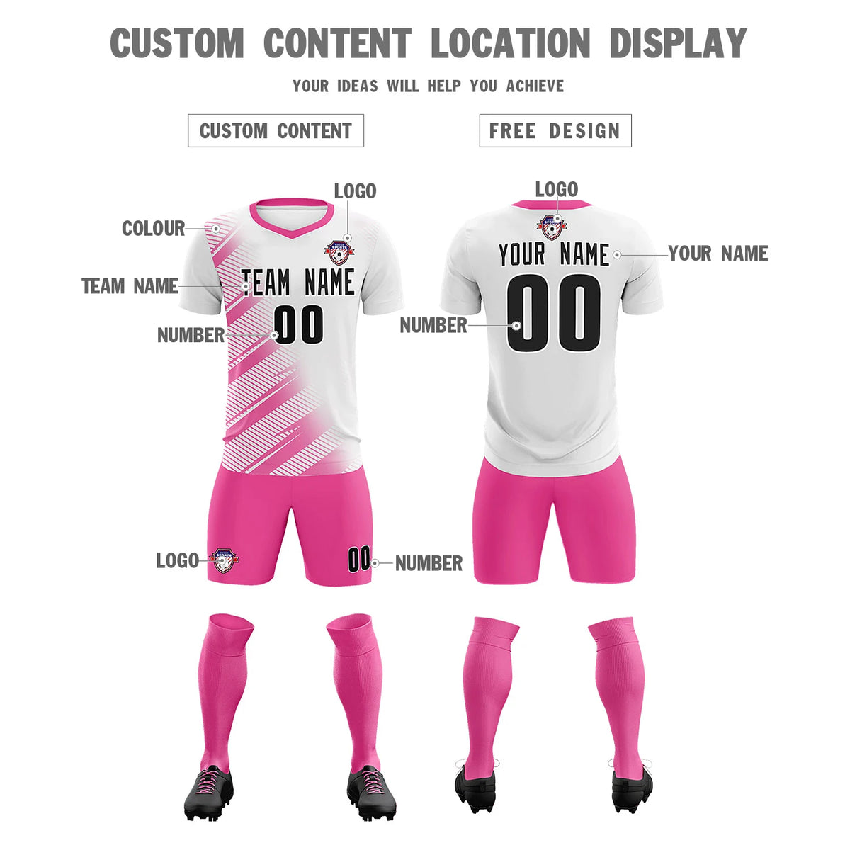 Custom White Pink Casual Printing Sportswear Soccer Sets Jersey