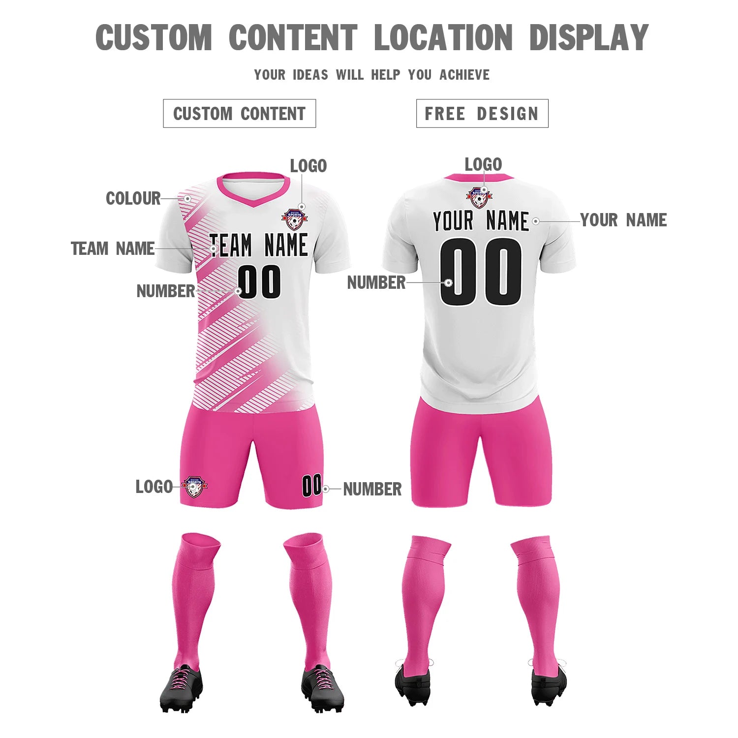 Custom White Pink Casual Printing Sportswear Soccer Sets Jersey