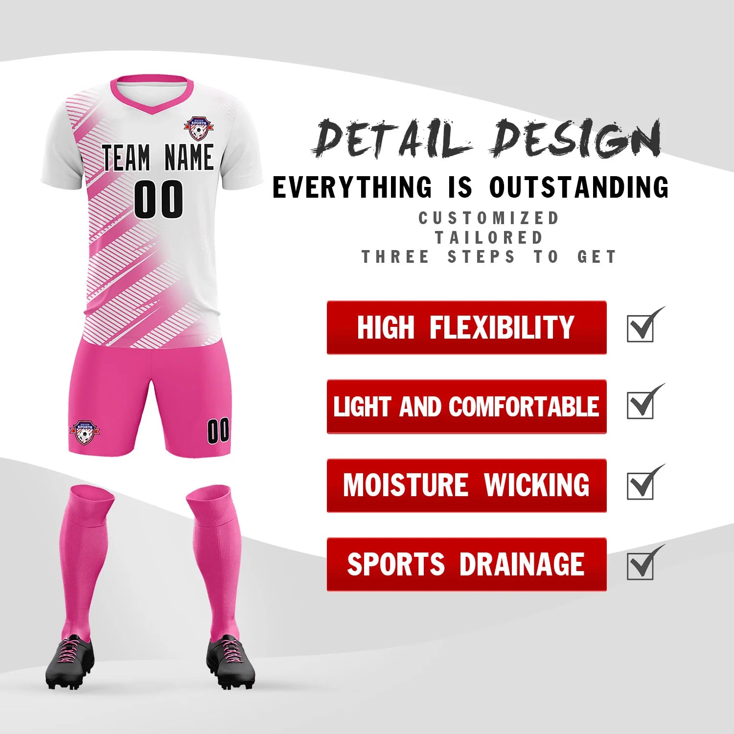 Custom White Pink Casual Printing Sportswear Soccer Sets Jersey