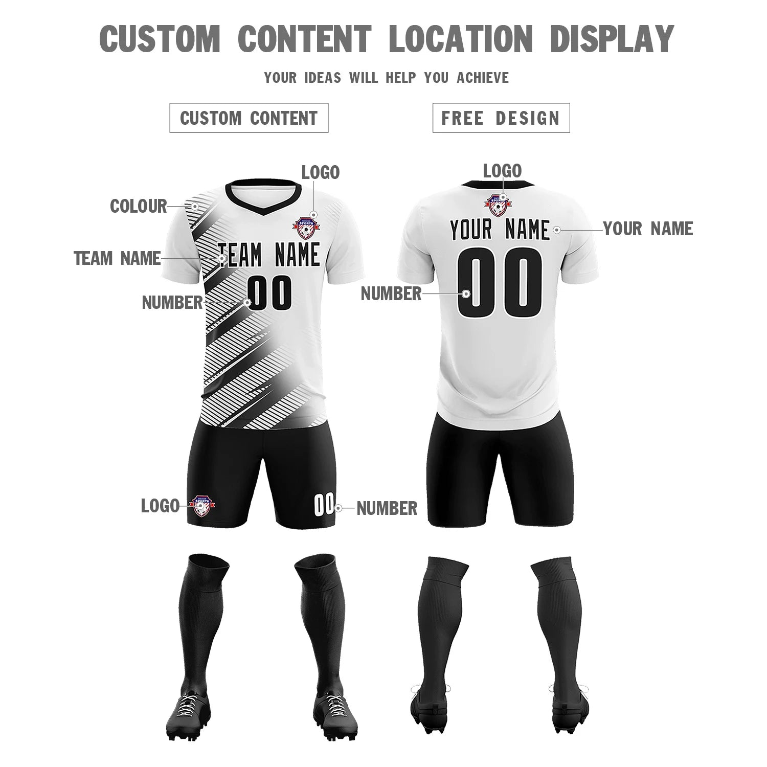 Custom White Black Casual Printing Sportswear Soccer Sets Jersey