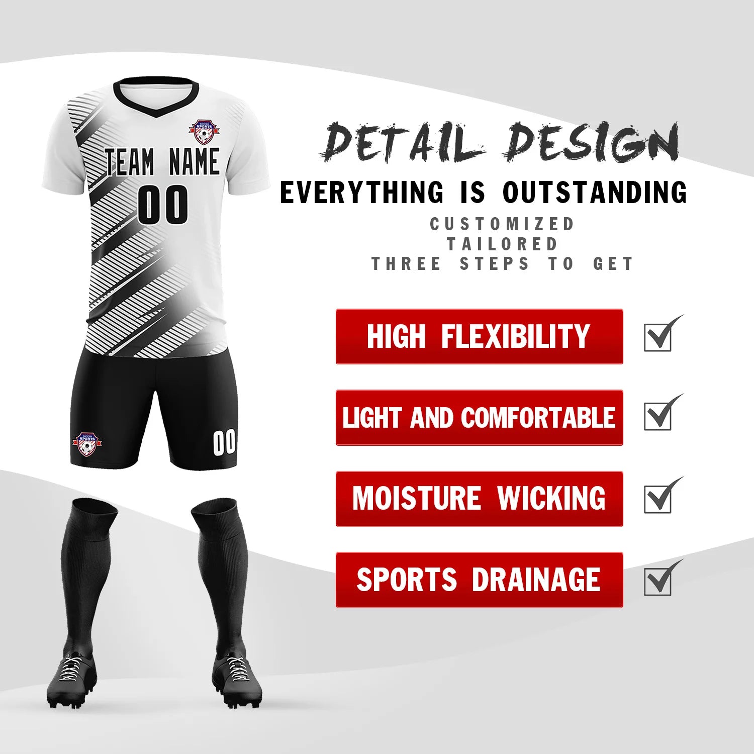 Custom White Black Casual Printing Sportswear Soccer Sets Jersey