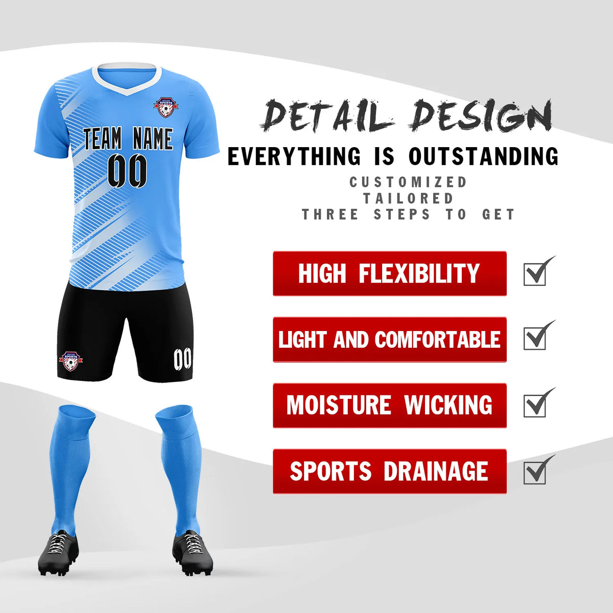 Custom Powder Blue White Casual Printing Sportswear Soccer Sets Jersey