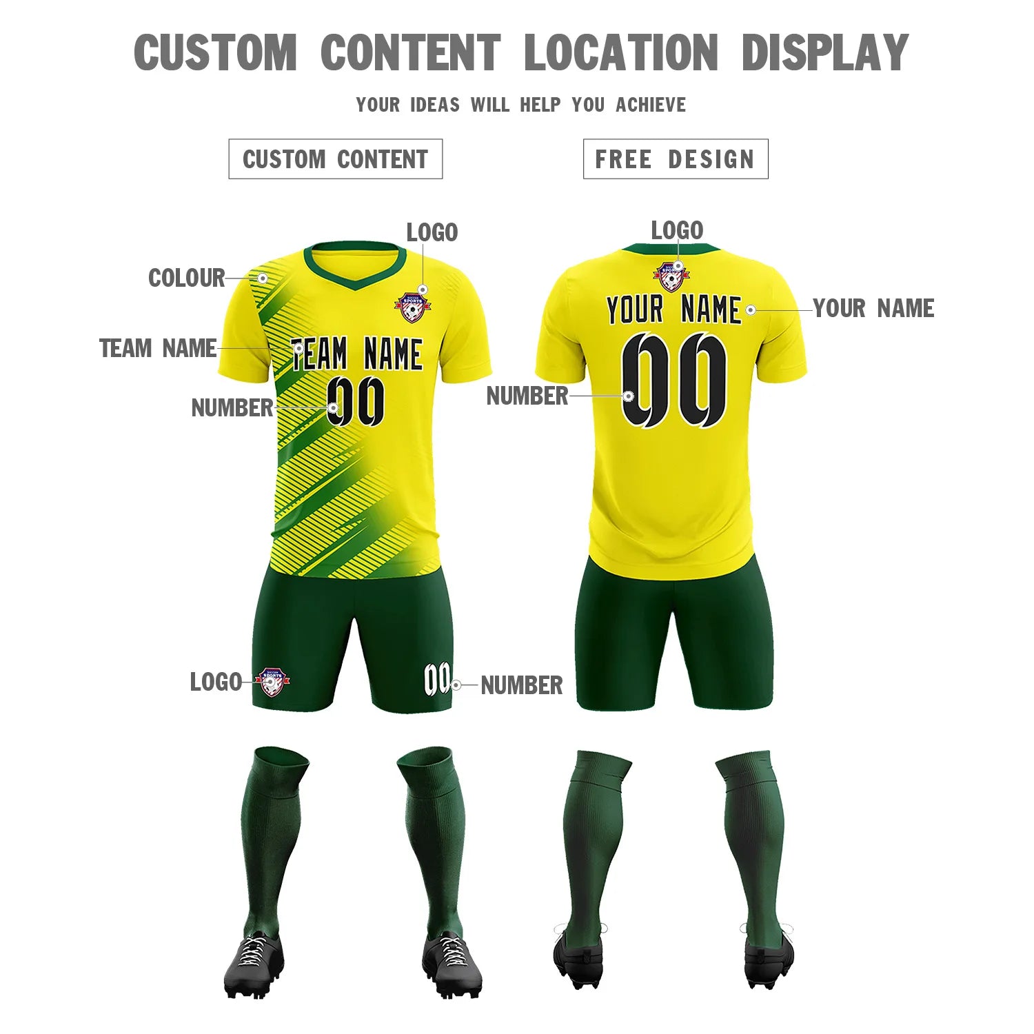 Custom Gold01 Green Casual Printing Sportswear Soccer Sets Jersey