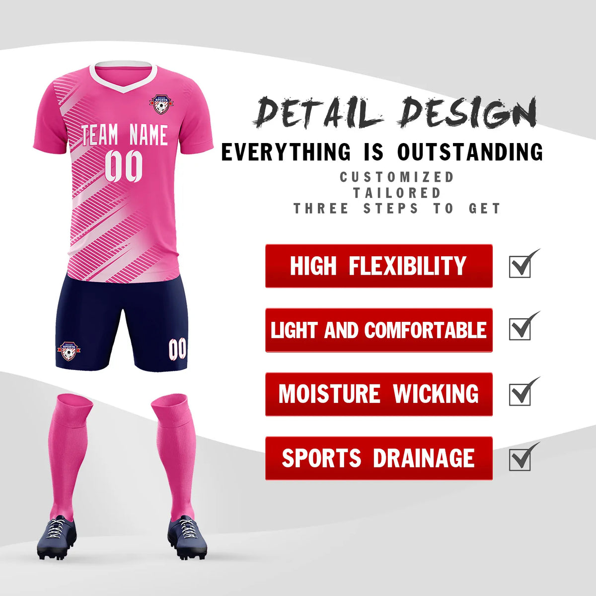 Custom Pink White Casual Printing Sportswear Soccer Sets Jersey