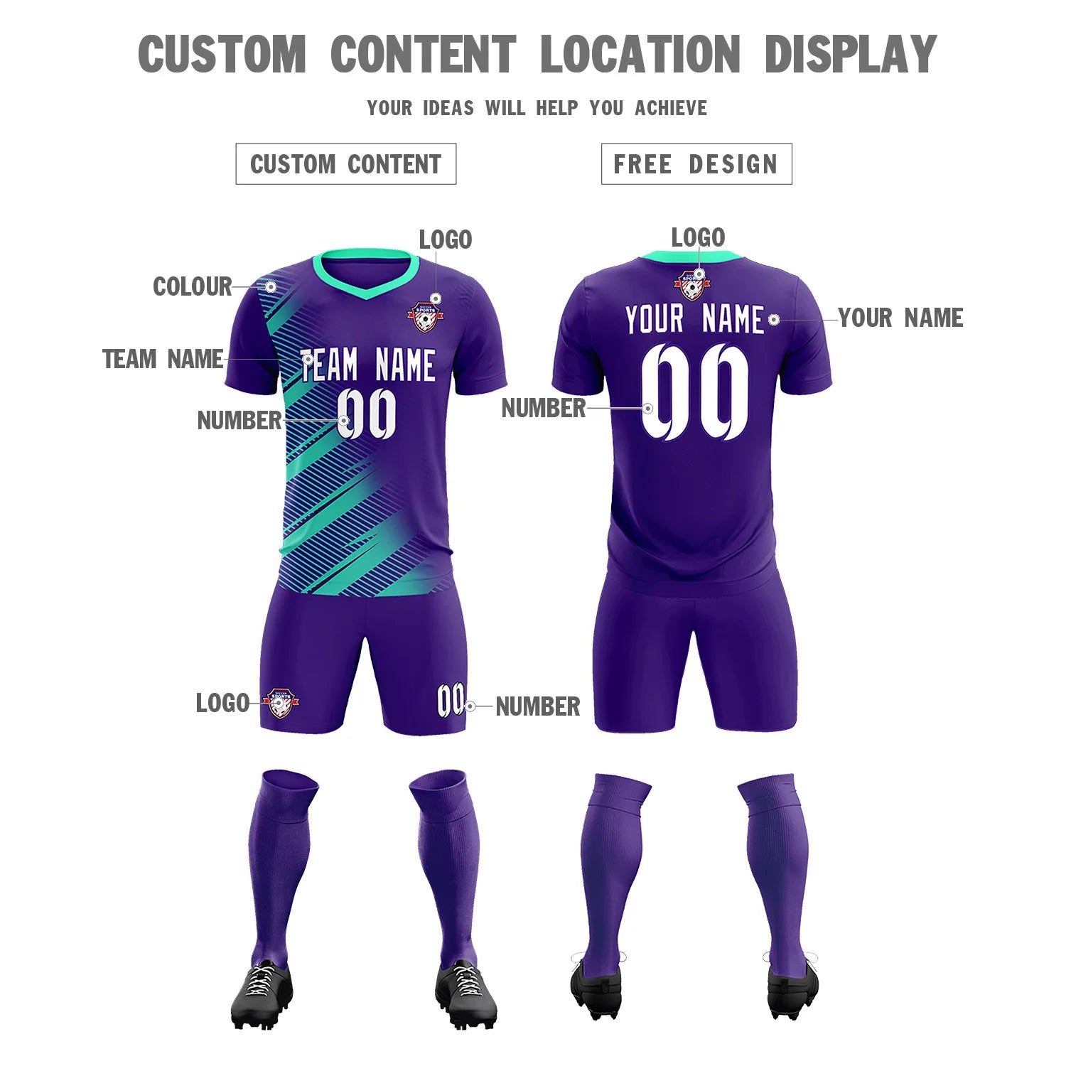 Custom Purple Bright Blue Casual Printing Sportswear Soccer Sets Jersey
