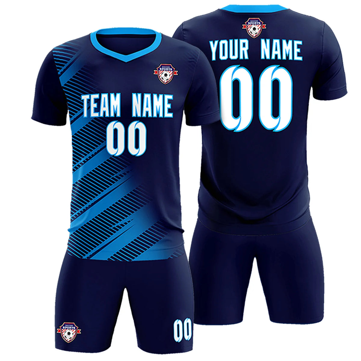 Custom Navy Powder Blue Casual Printing Sportswear Soccer Sets Jersey