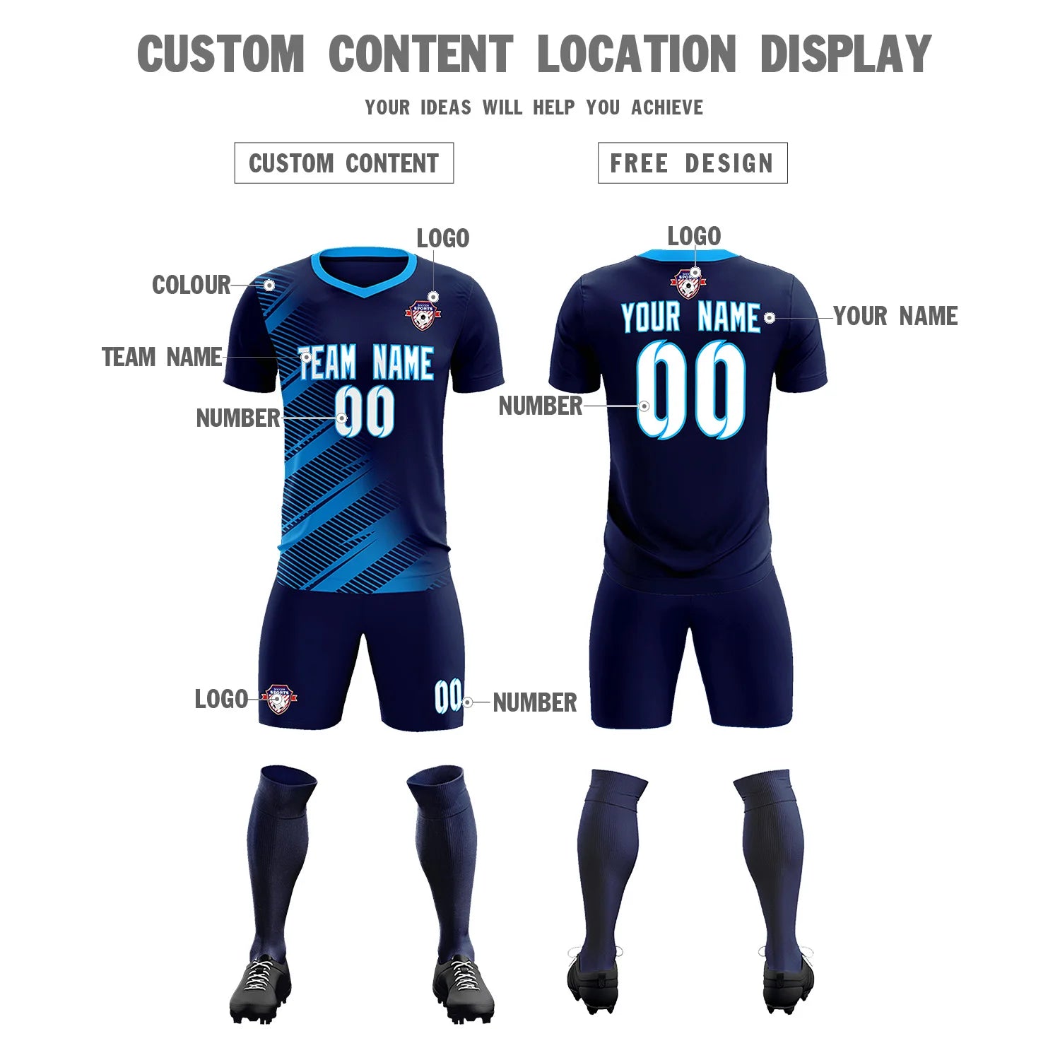 Custom Navy Powder Blue Casual Printing Sportswear Soccer Sets Jersey