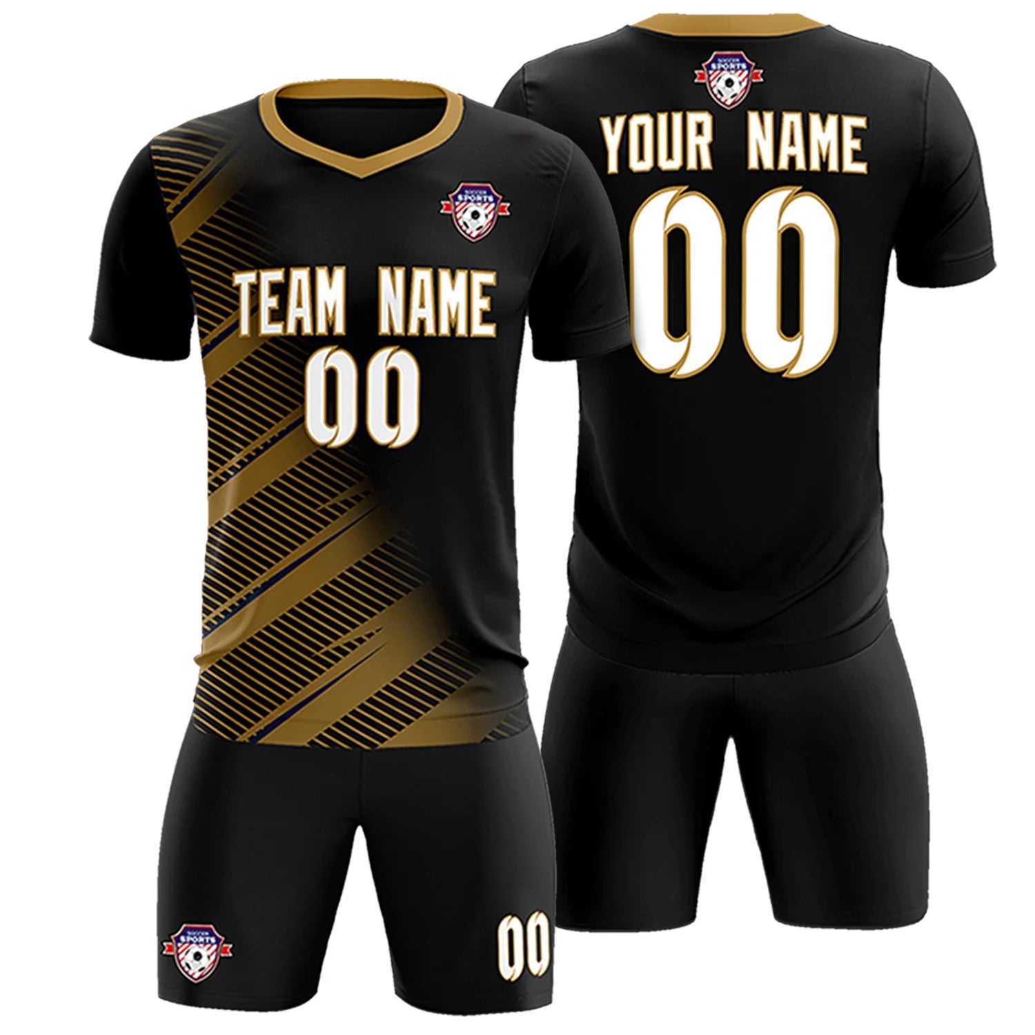 Custom Black Old Gold Casual Printing Sportswear Soccer Sets Jersey