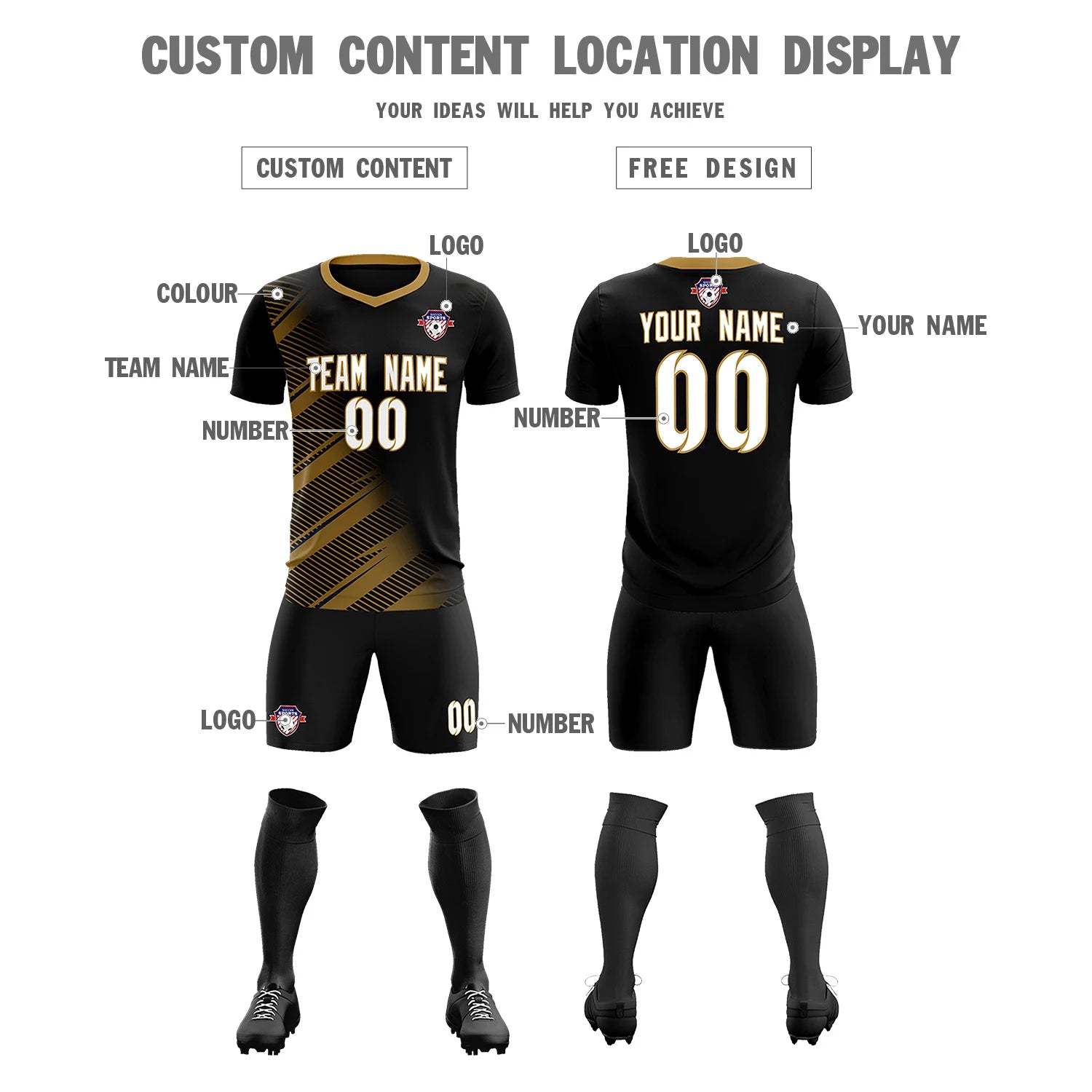 Custom Black Old Gold Casual Printing Sportswear Soccer Sets Jersey