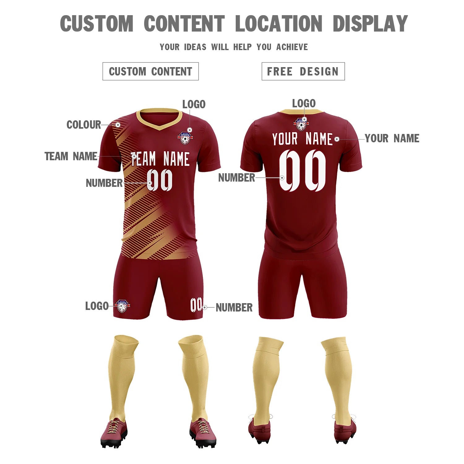 Custom Crimson Khaki Casual Printing Sportswear Soccer Sets Jersey