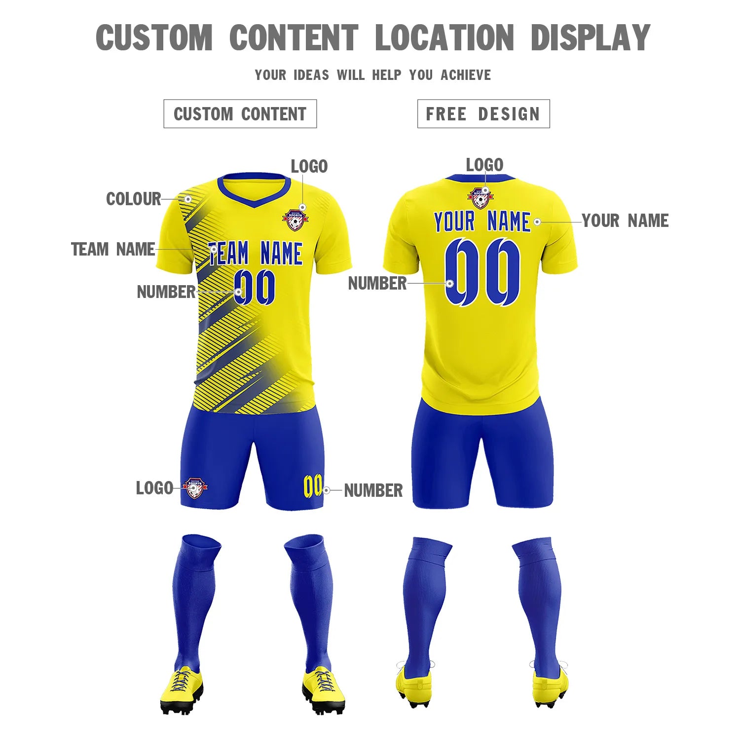 Custom Gold01 Royal Blue Casual Printing Sportswear Soccer Sets Jersey