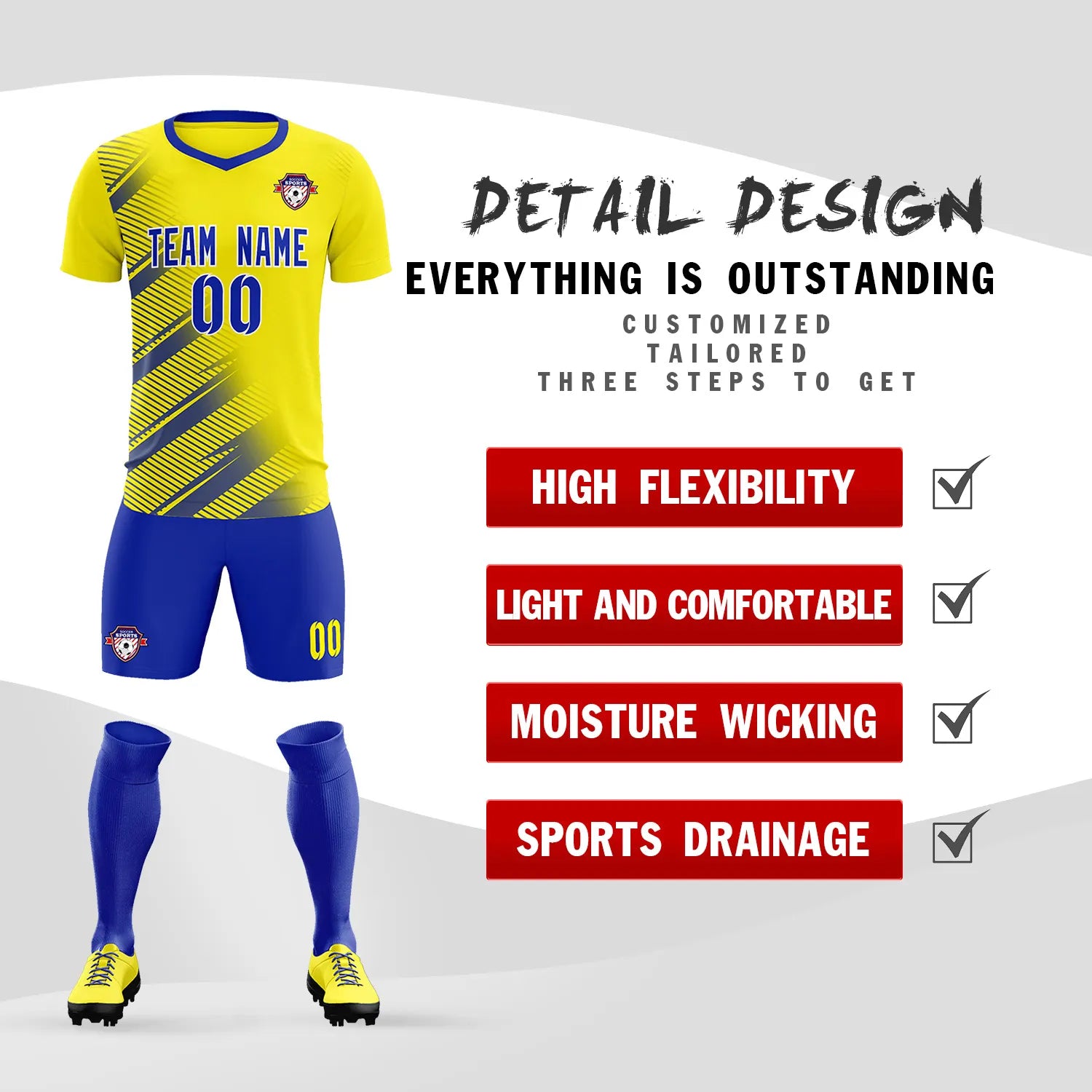 Custom Gold01 Royal Blue Casual Printing Sportswear Soccer Sets Jersey