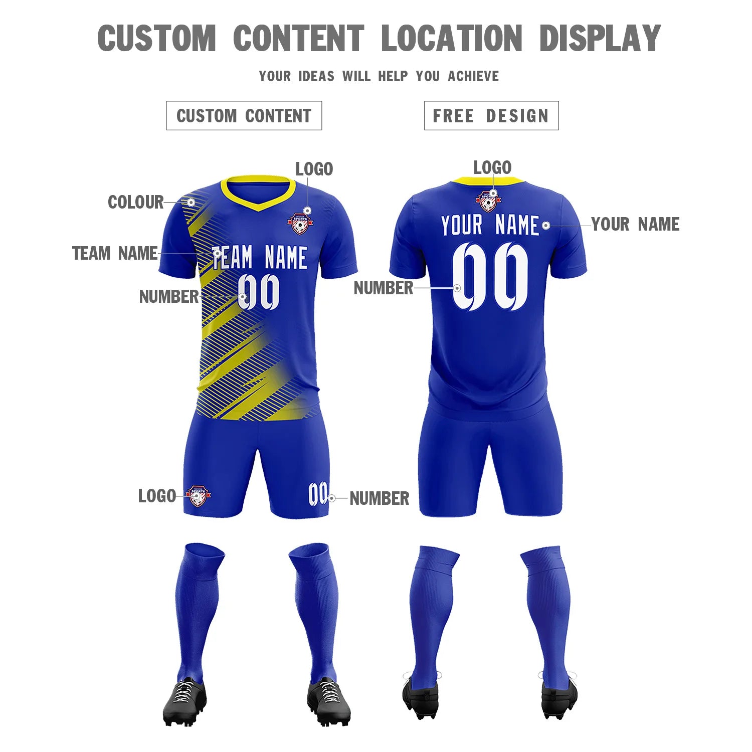 Custom Royal Blue Gold01 Casual Printing Sportswear Soccer Sets Jersey