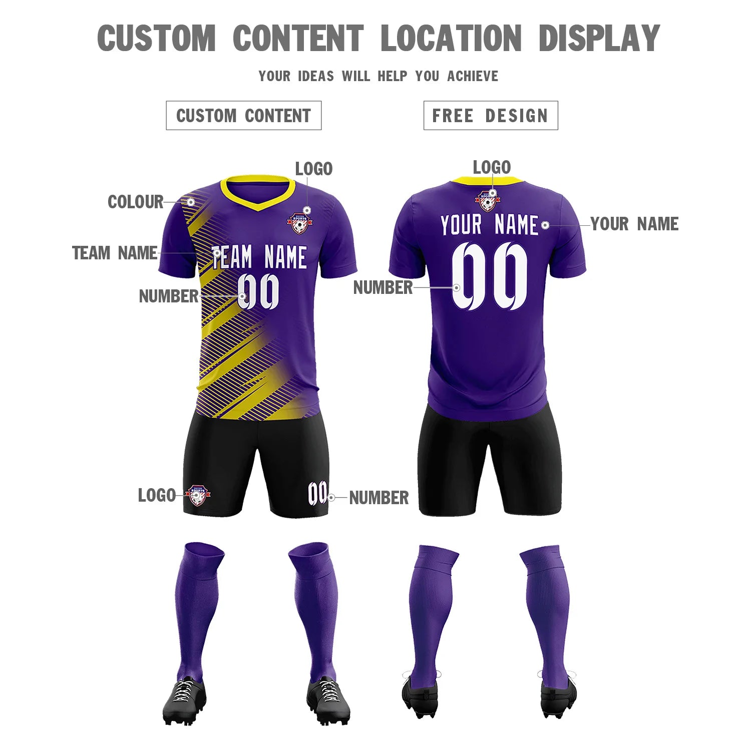 Custom Purple Gold01 Casual Printing Sportswear Soccer Sets Jersey