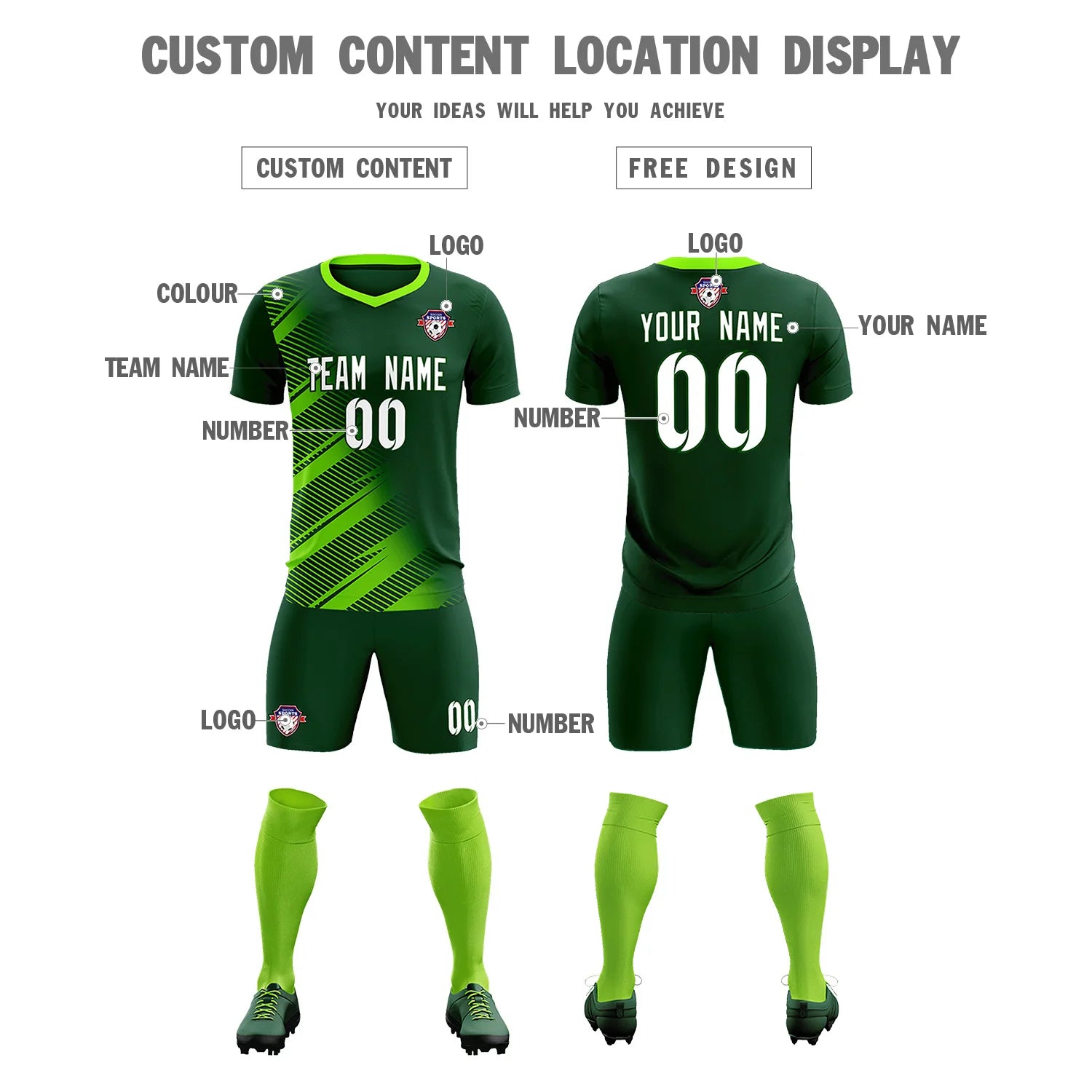 Custom Green Neon Green Casual Printing Sportswear Soccer Sets Jersey
