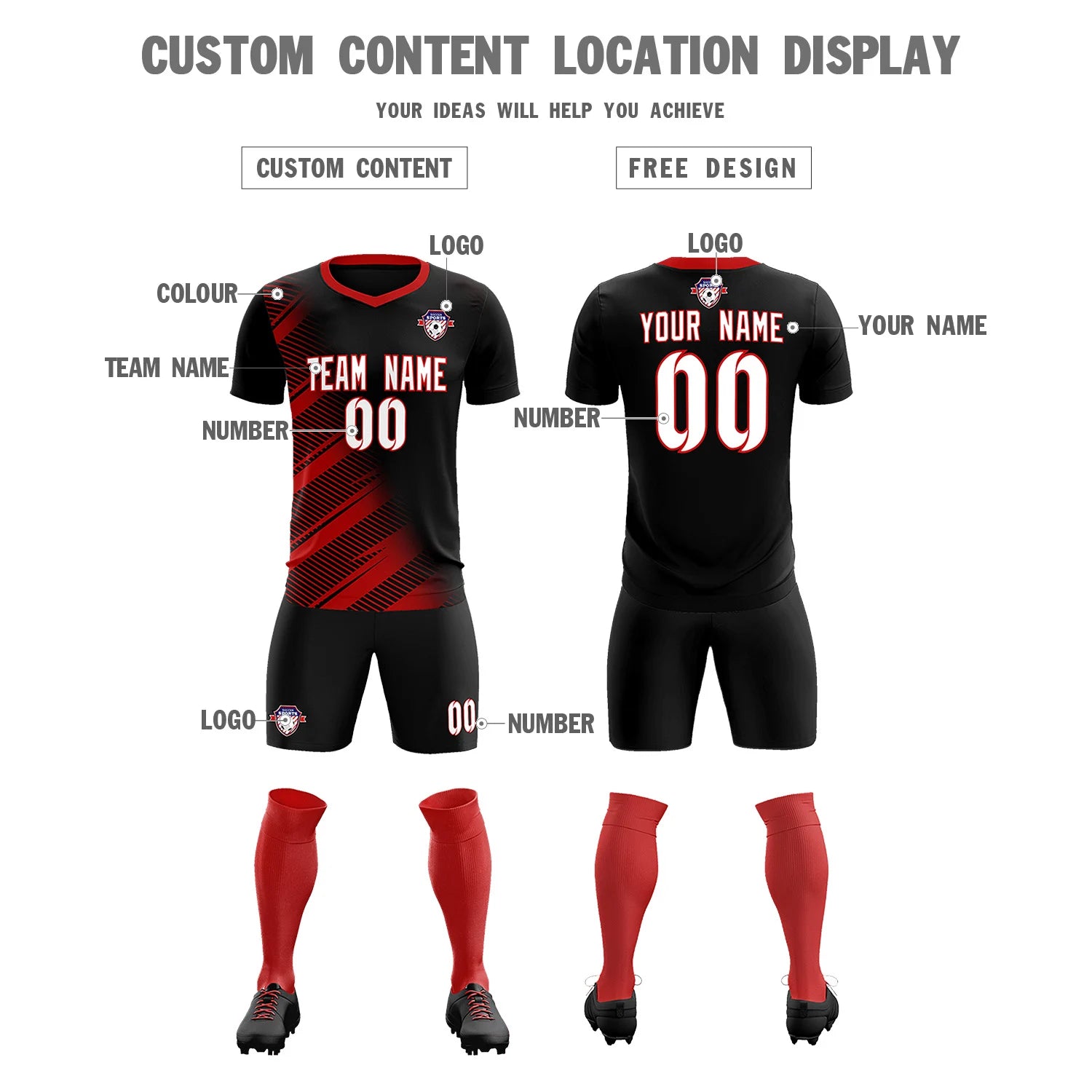 Custom Black Red Casual Printing Sportswear Soccer Sets Jersey