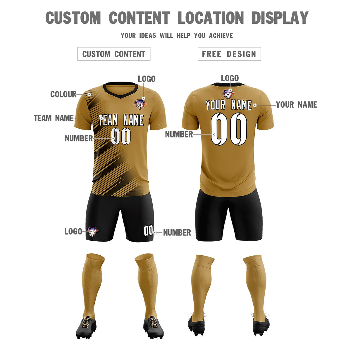 Custom Old Gold Black Casual Printing Sportswear Soccer Sets Jersey