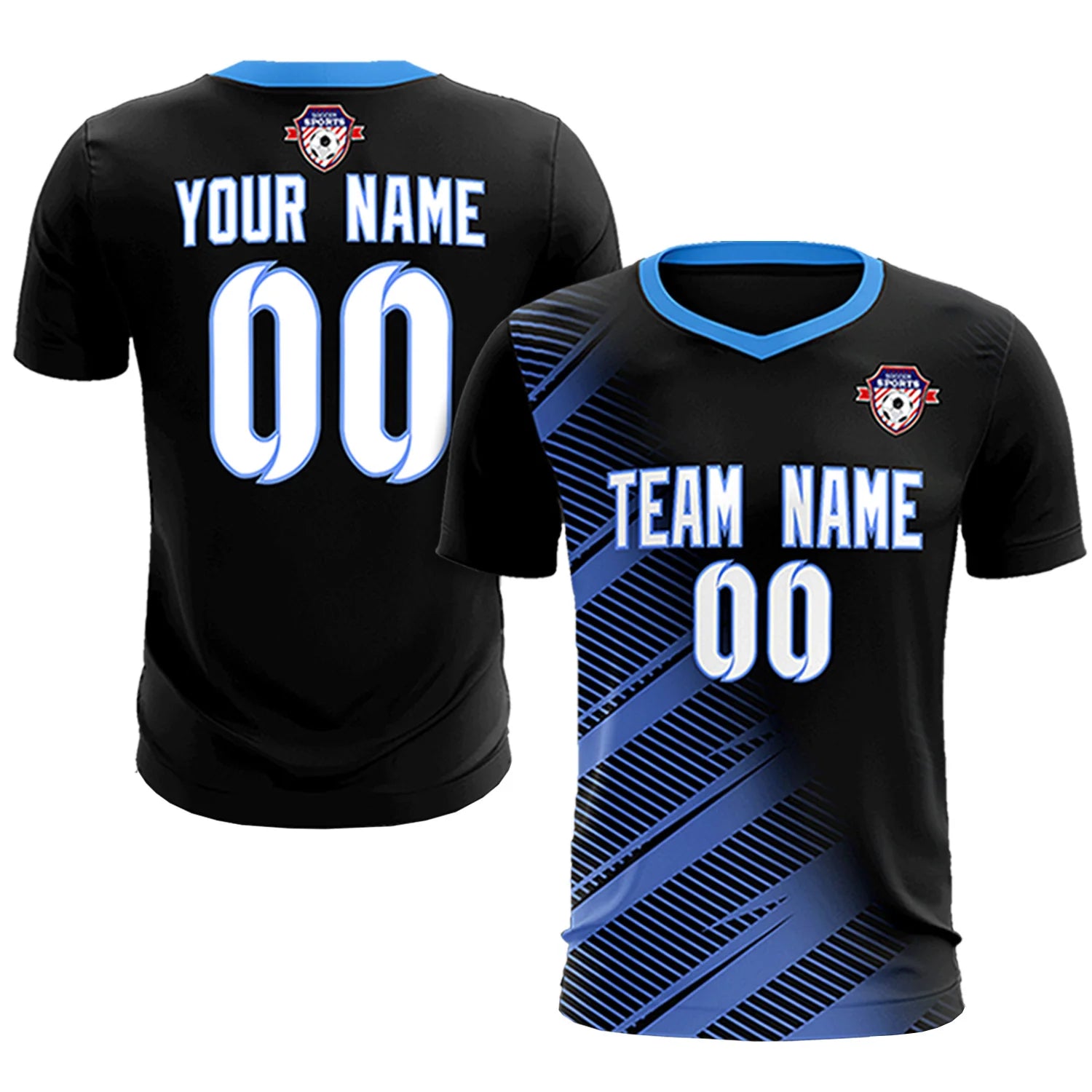 Custom Black Light Blue Casual Printing Sportswear Soccer Sets Jersey