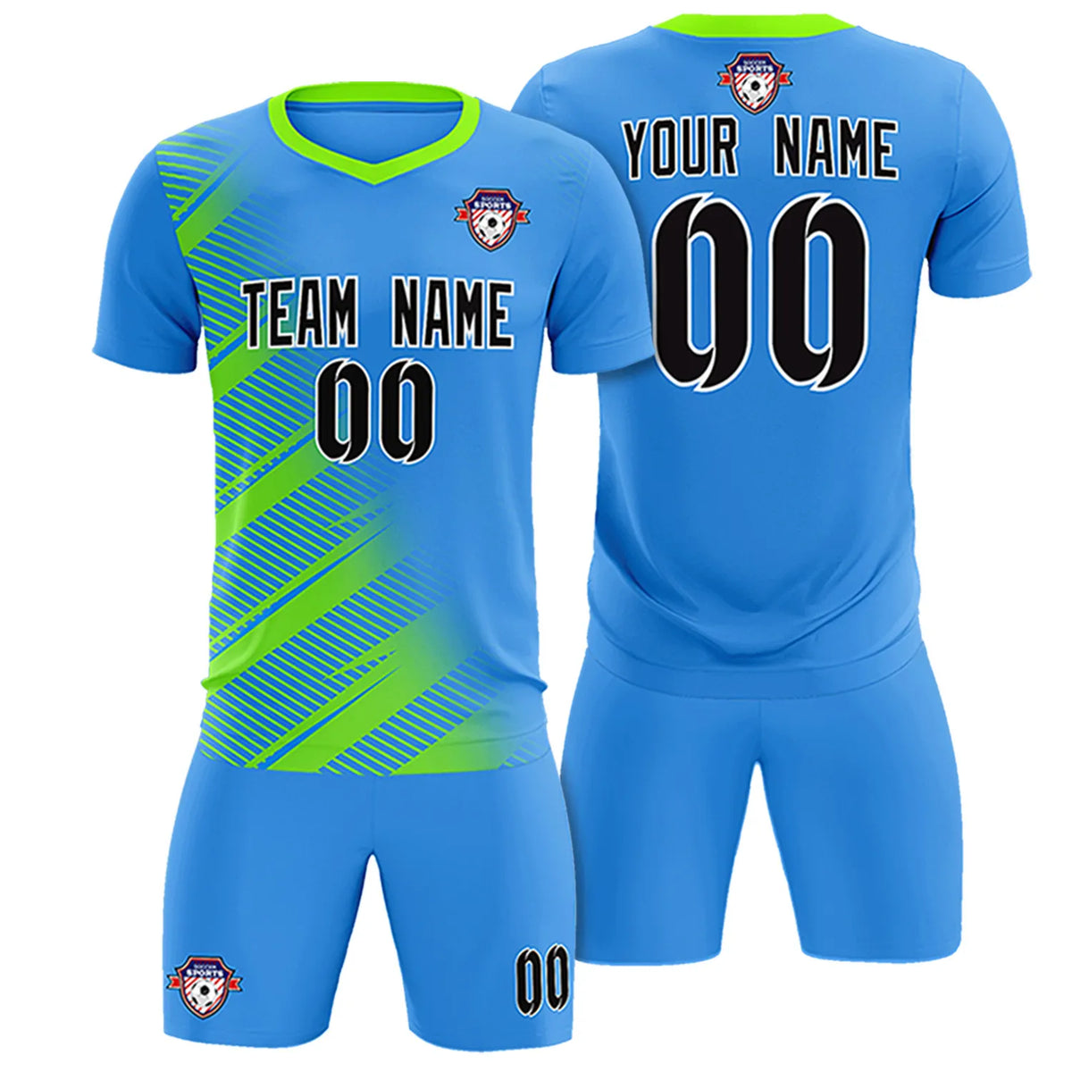 Custom Powder Blue Neon Green Casual Printing Sportswear Soccer Sets Jersey