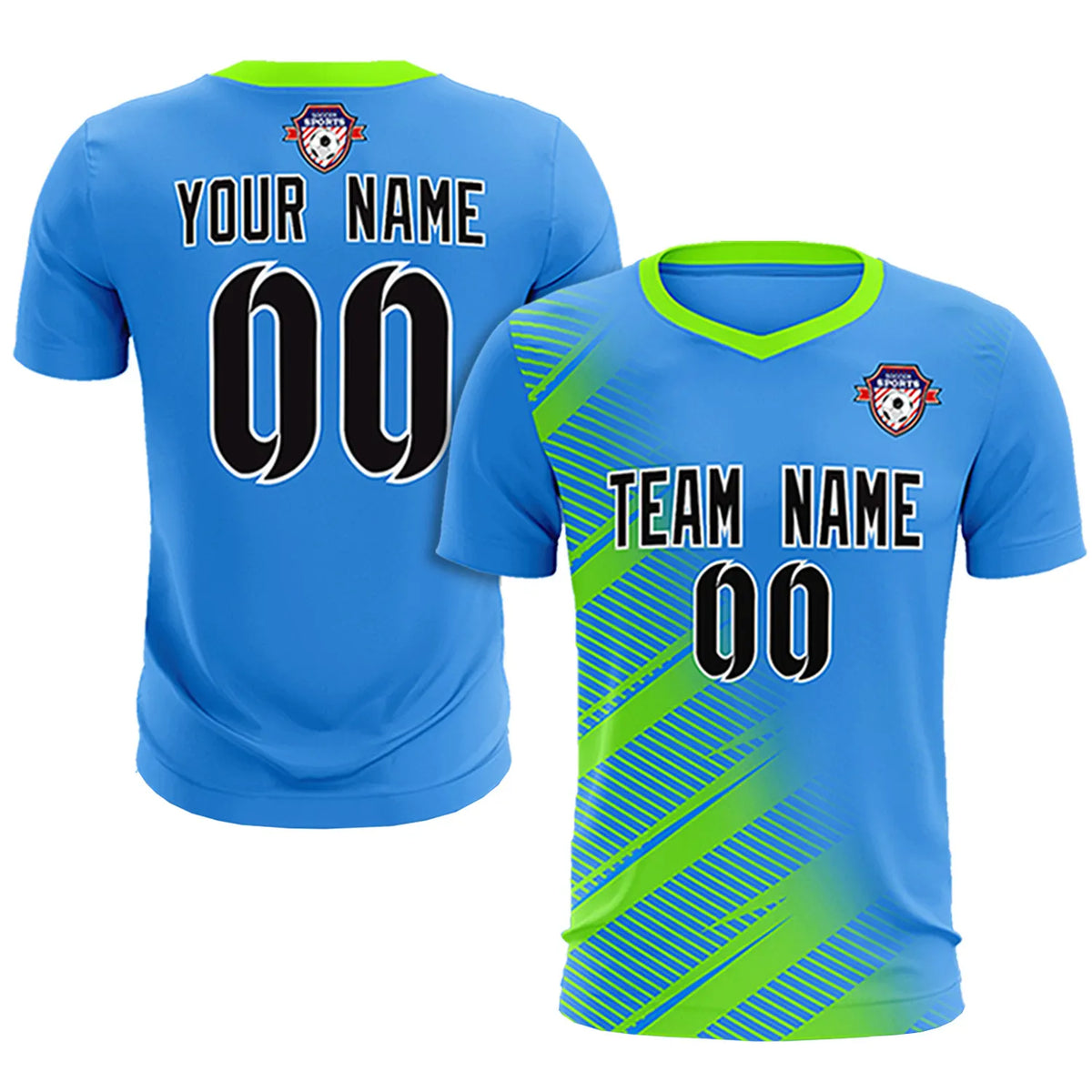 Custom Powder Blue Neon Green Casual Printing Sportswear Soccer Sets Jersey