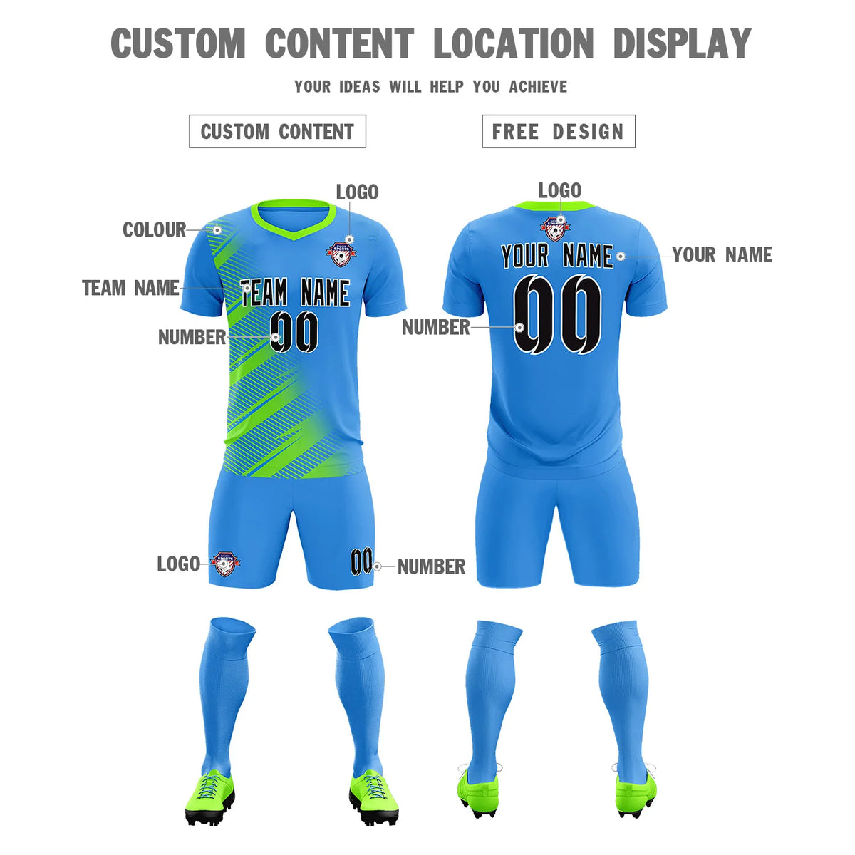 Custom Powder Blue Neon Green Casual Printing Sportswear Soccer Sets Jersey