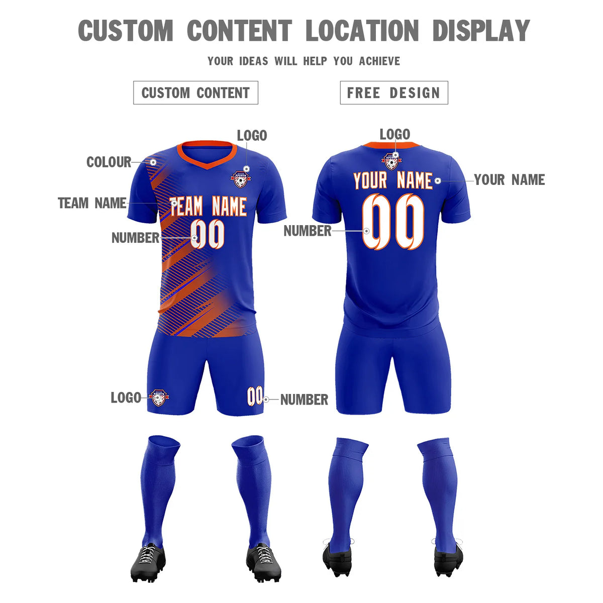 Custom Royal Blue Orange Casual Printing Sportswear Soccer Sets Jersey